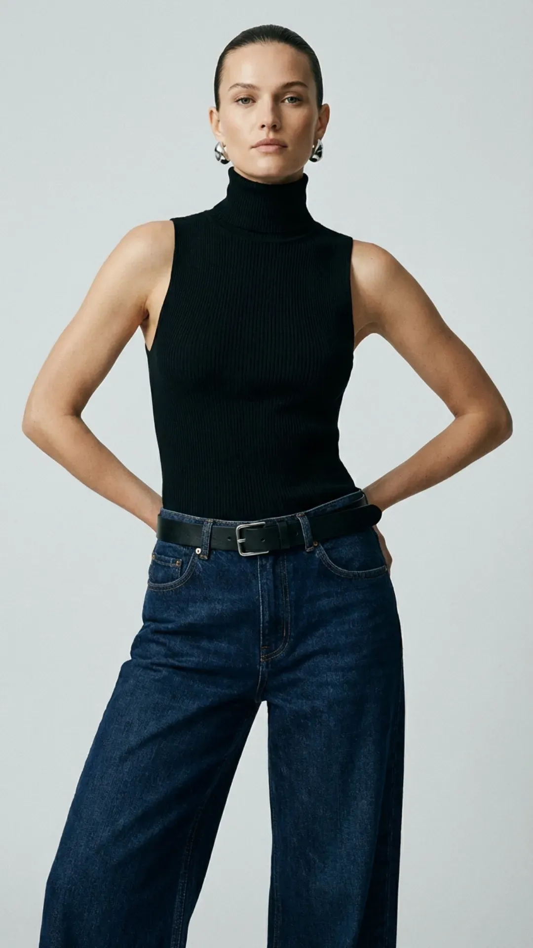 Sleeveless turtleneck and wide-leg jeans for a sleek casual outfit.