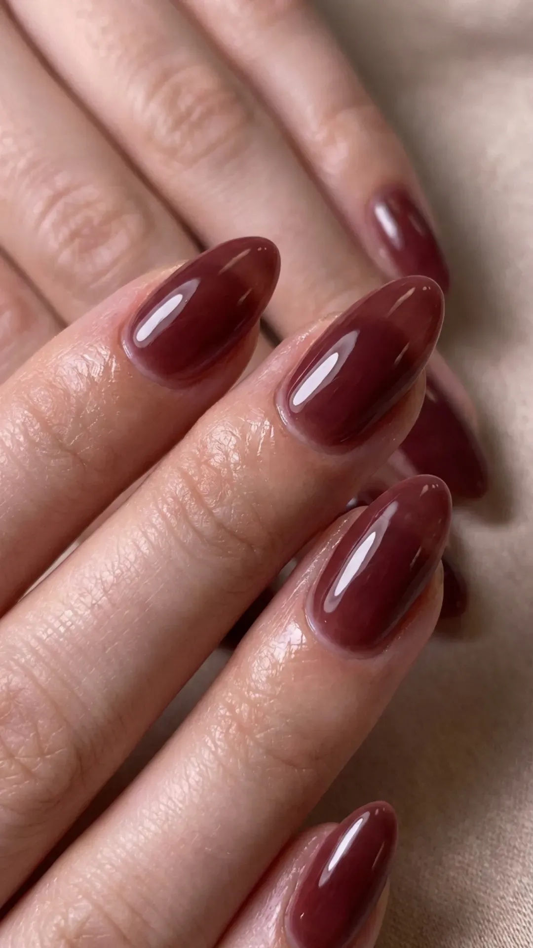 Sheer, hyper-glossy cherry mocha lip gloss nails VANSWEG.COM
