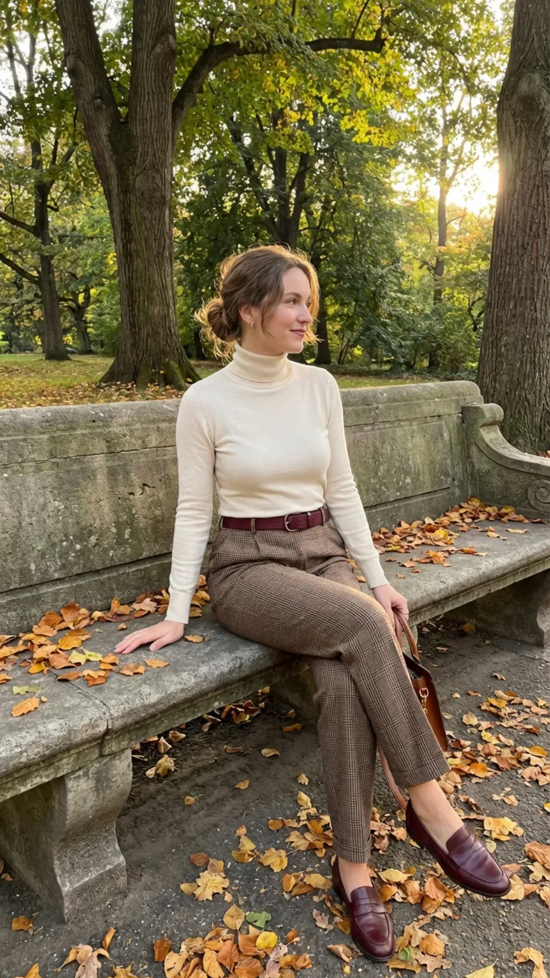 Cream turtleneck and plaid trousers for a sophisticated academic outfit