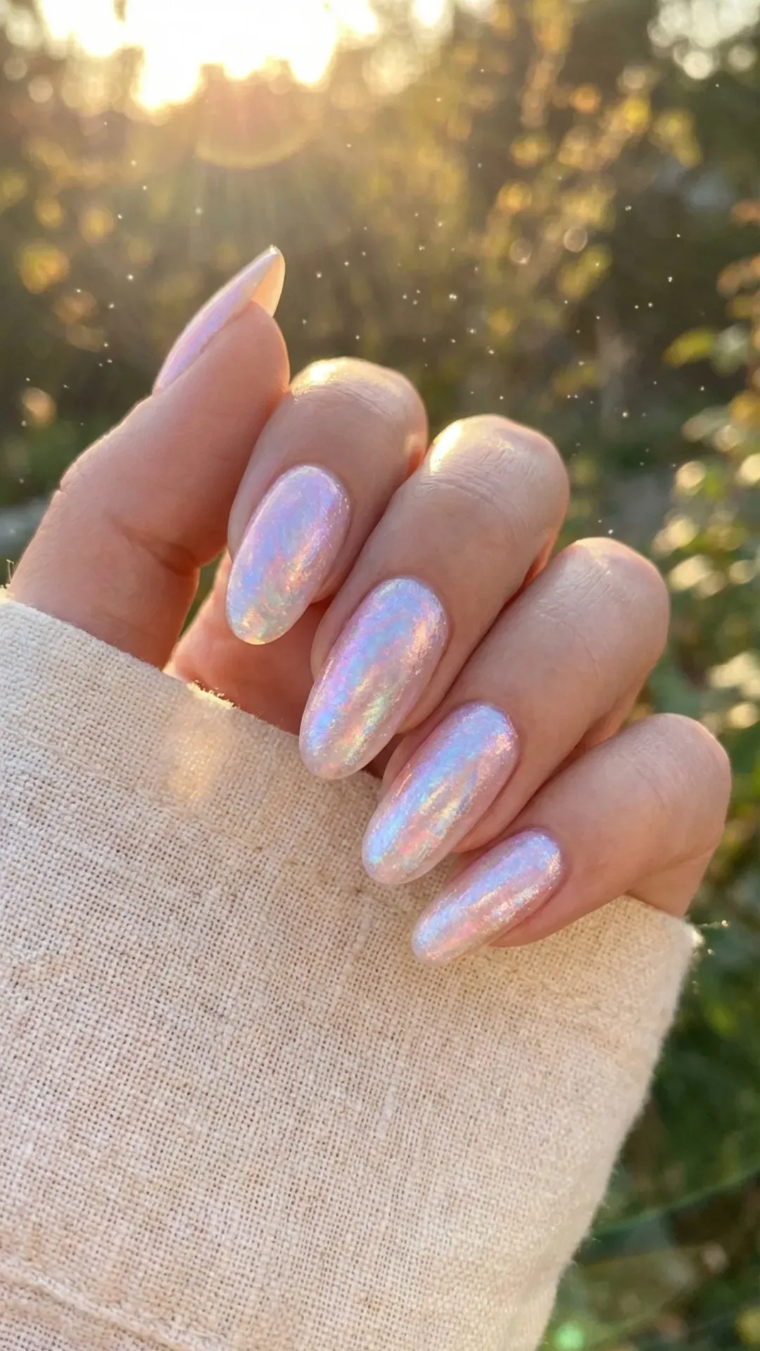 stark white almond nails with bare negative space half-moons by VANSWEG.COM