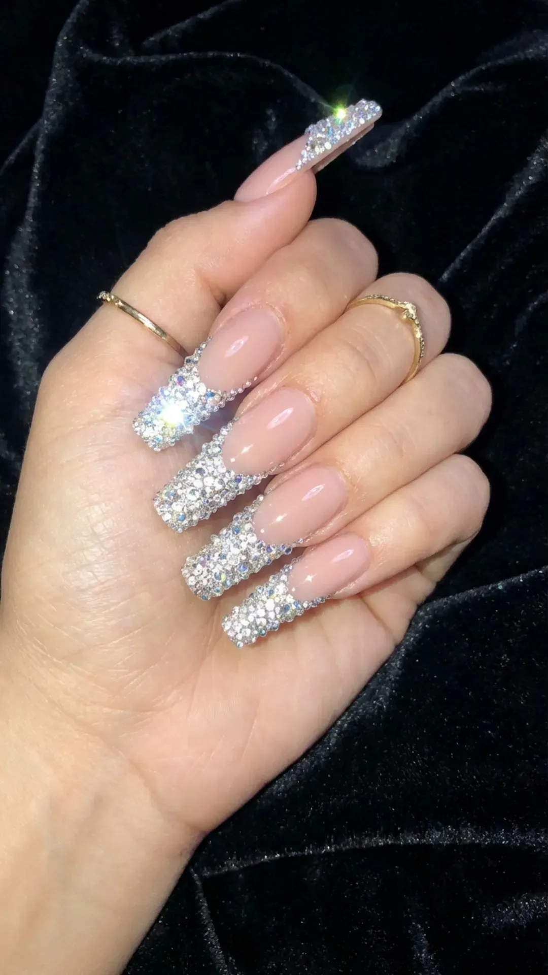 nude coffin nails with dense crystal diamond French tips by VANSWEG.COM