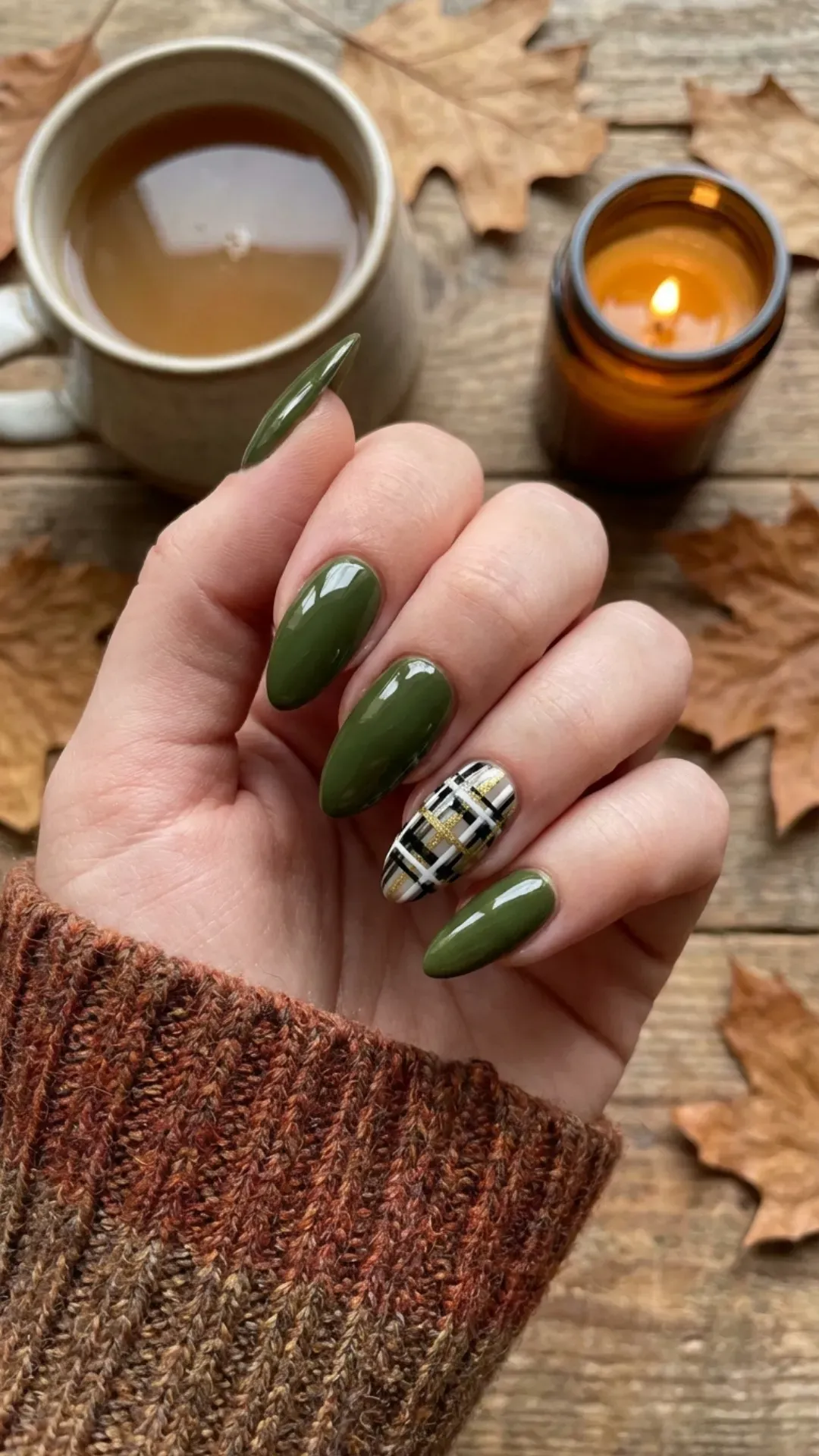 Olive green nails with a cozy tartan plaid accent nail VANSWEG.COM