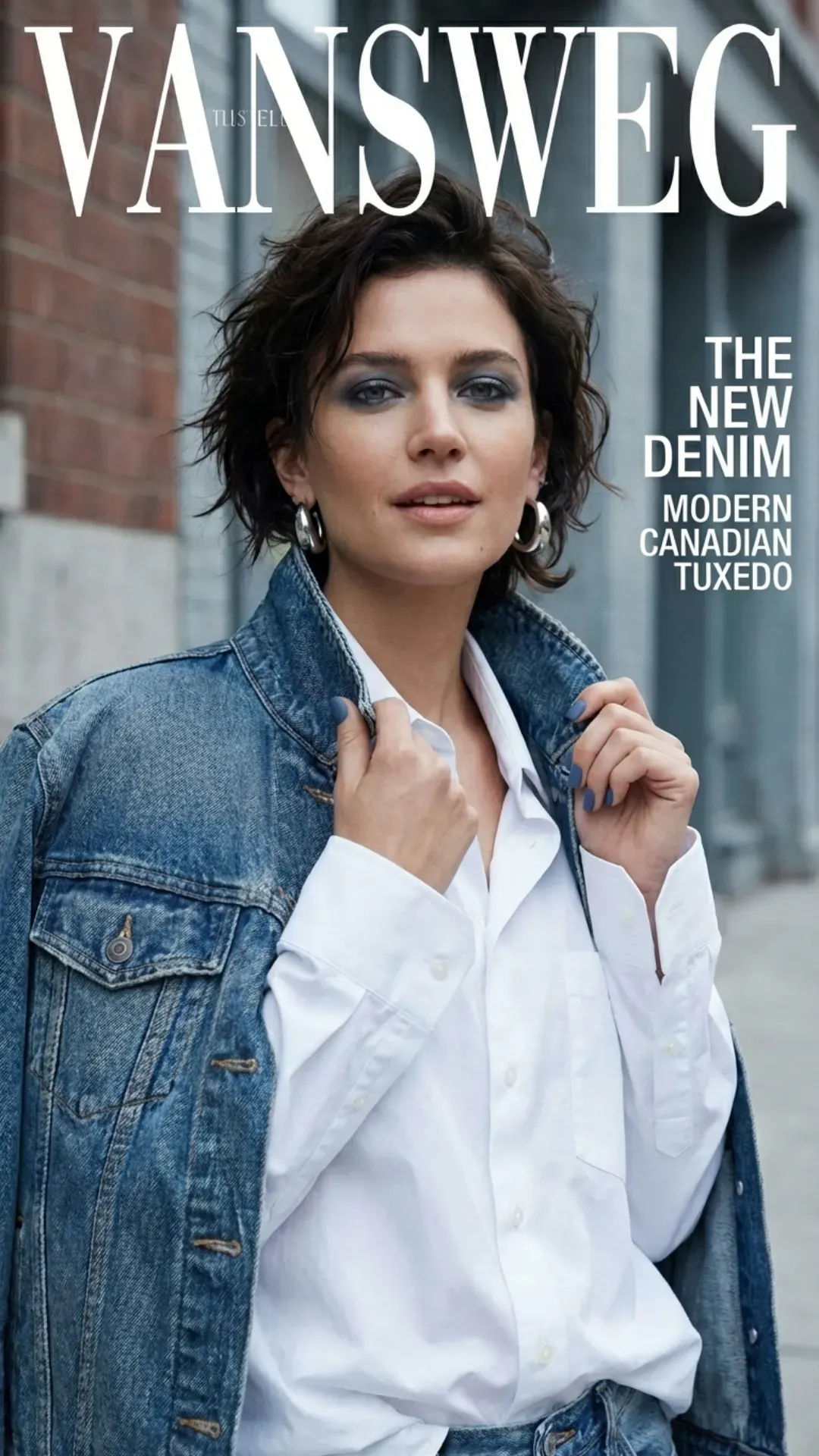 :A fashion editorial image styled as a cover for the brand "VANSWEG," featuring the headlines "THE NEW DENIM" and "MODERN CANADIAN TUXEDO." A model with short, tousled dark hair poses confidently on a city street. She is wearing a crisp, white button-down shirt tucked into denim jeans, with a classic blue denim jacket draped effortlessly over her shoulders. Her makeup features the lived-in, dusty blue "Denim Eye" smoky look, and she is wearing chunky silver hoop earrings.