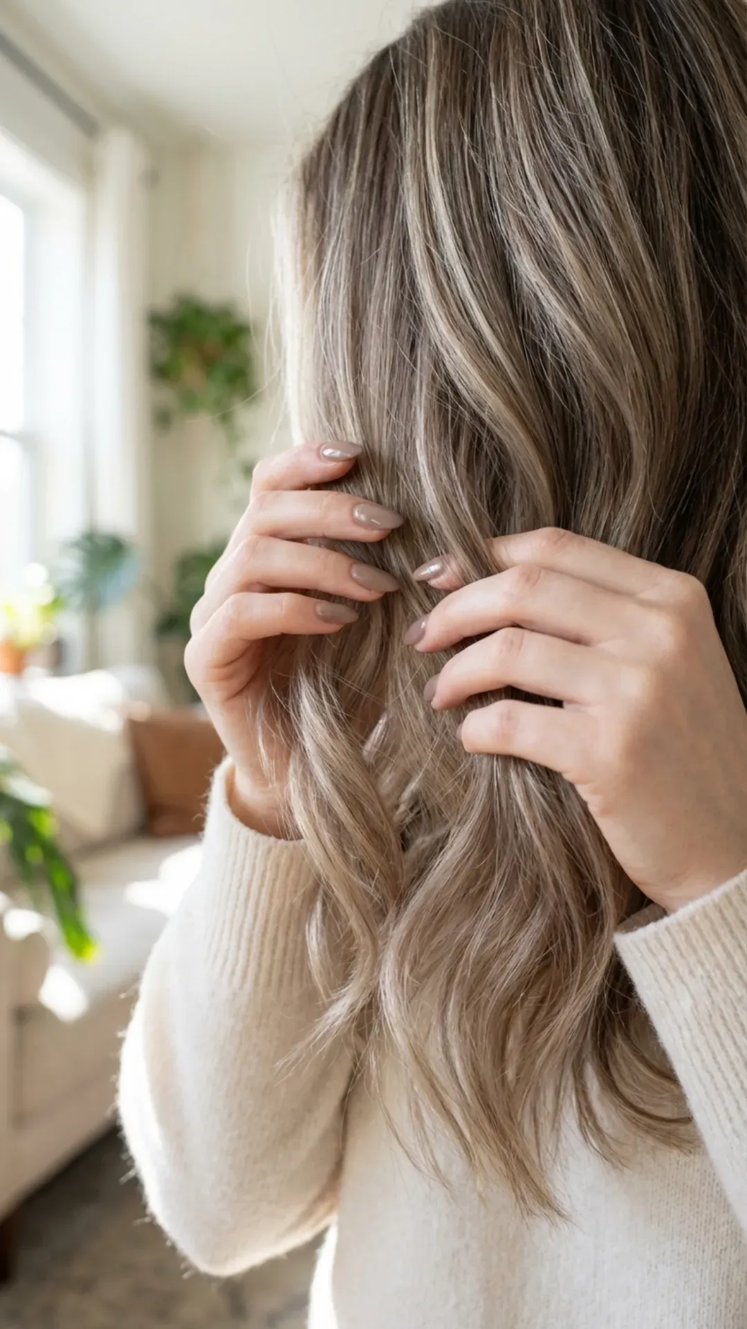 Close-up of a fair-skinned woman's hand with taupe almond nails running through silky, wavy ashy beige and creamy brunette hair.