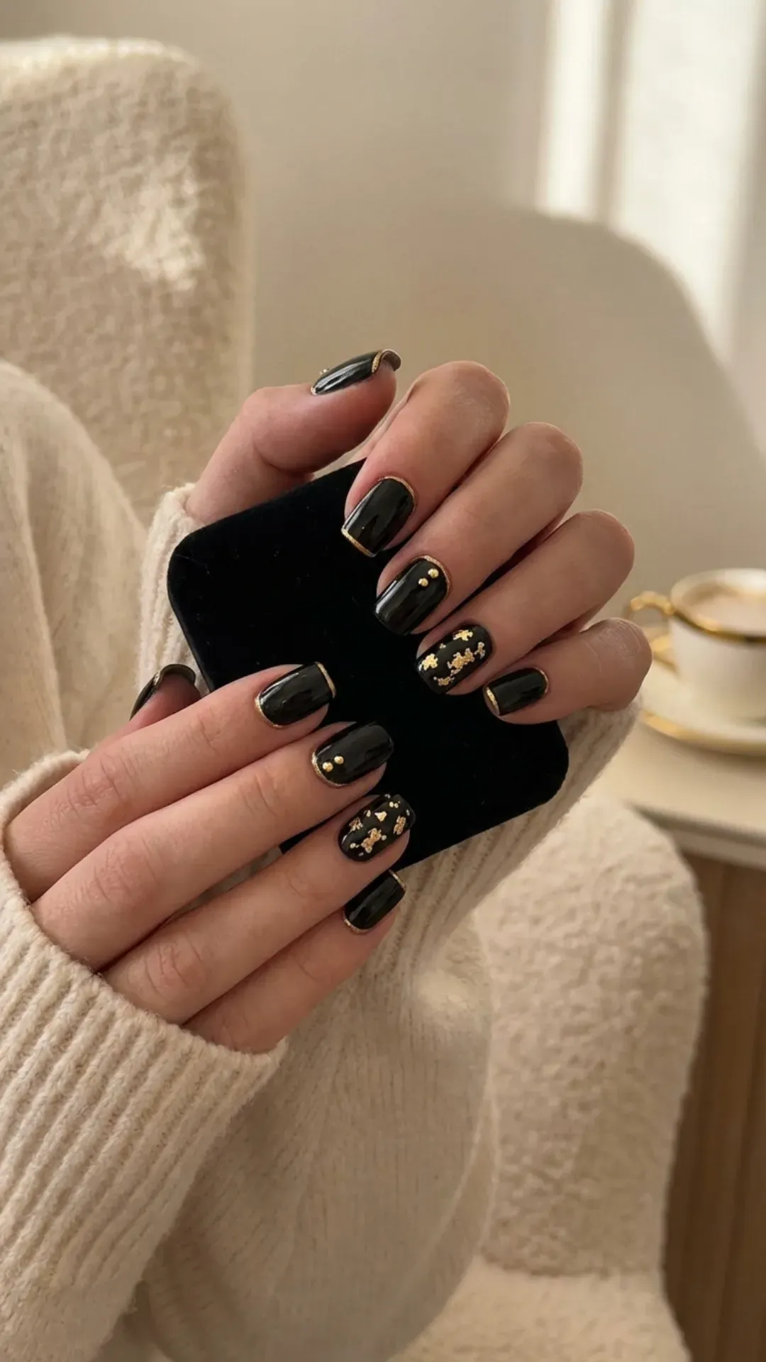 Short black nails elegantly adorned with gold accents that add a luxurious touch, suitable for both casual wear and special occasions.