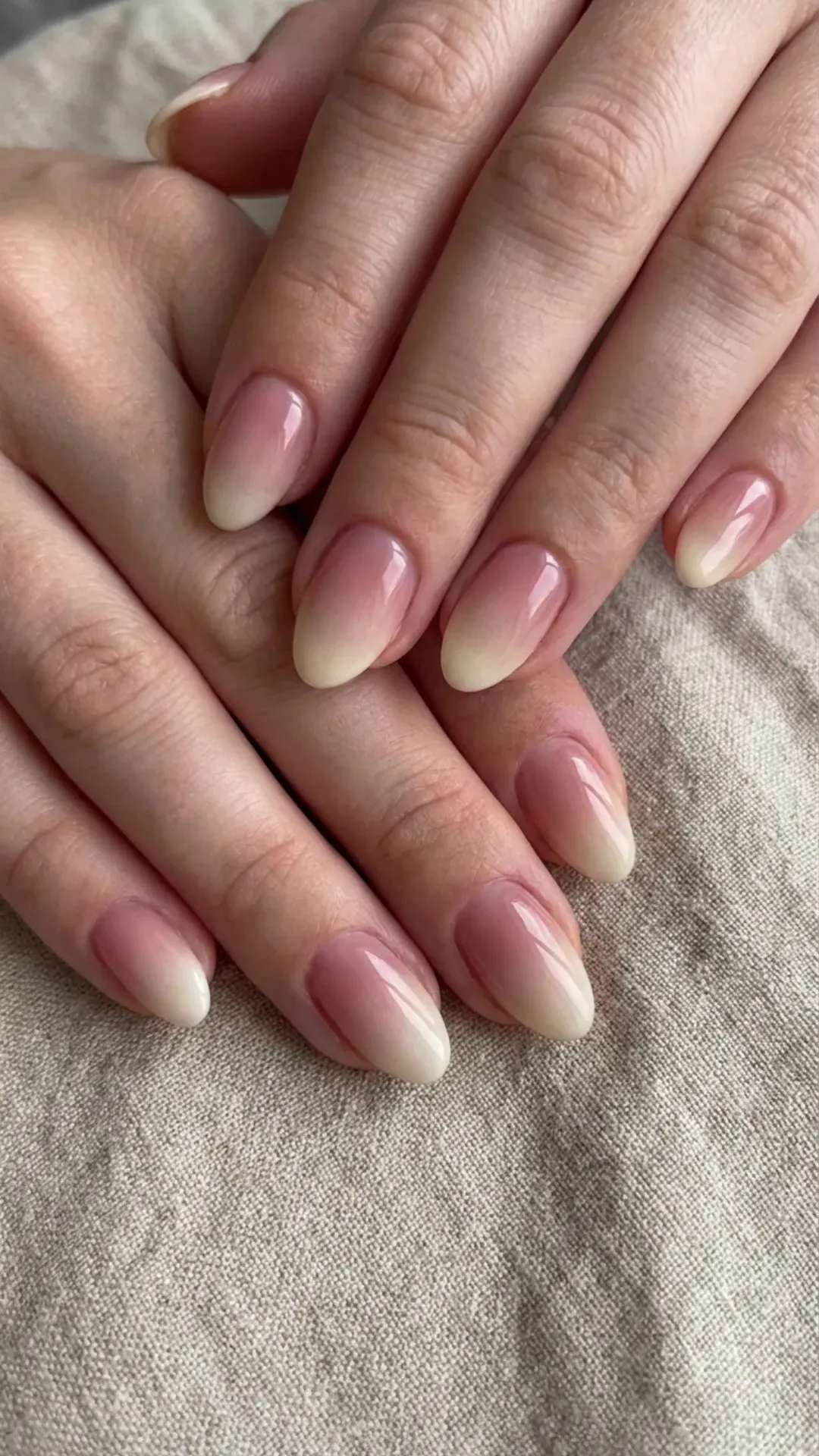 Soft ombre French tips on short nails, blending seamlessly from a natural pink base to a creamy white tip for a subtle style statement.