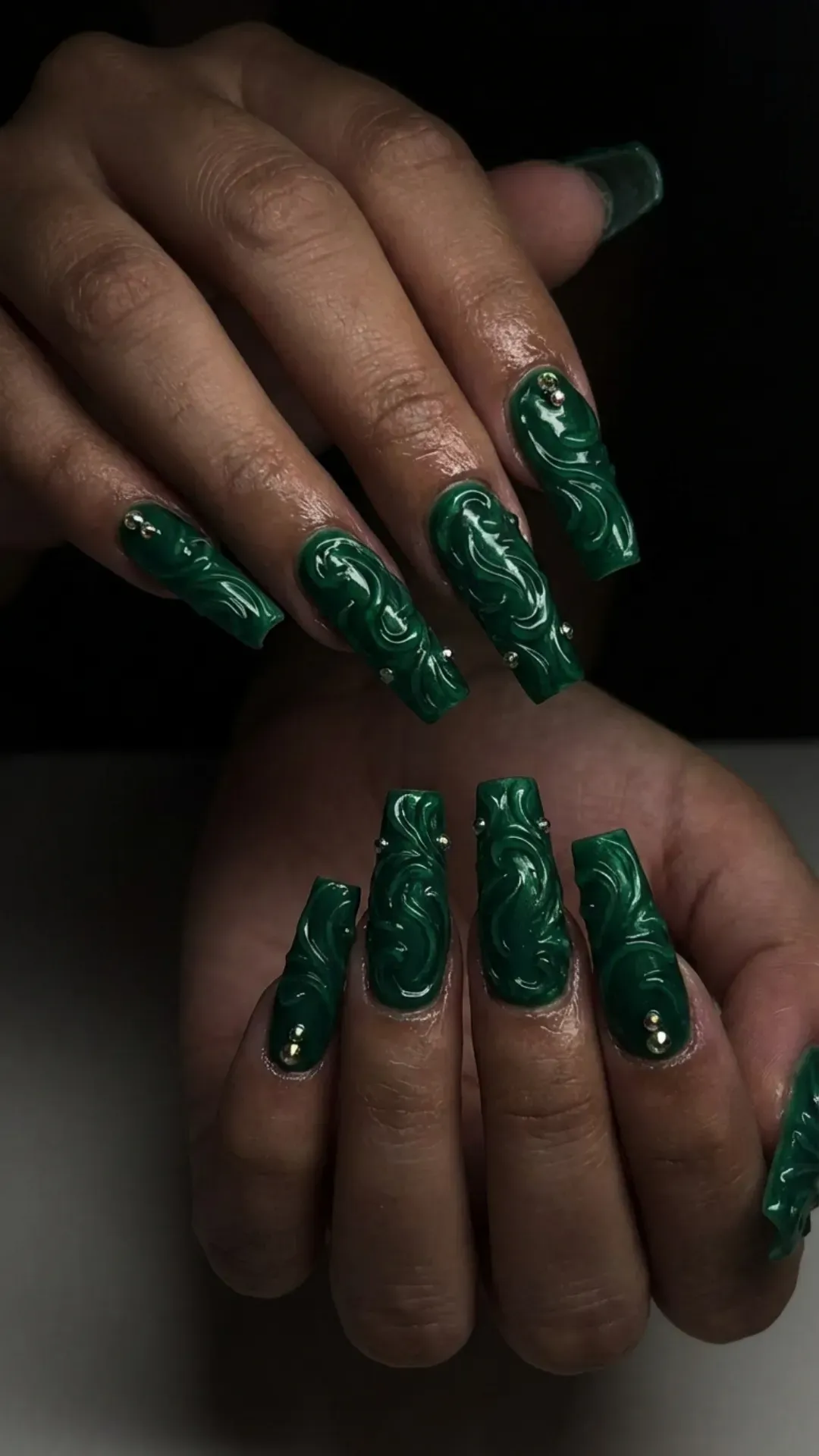 3D emerald jewel nails with raised gemstone designs