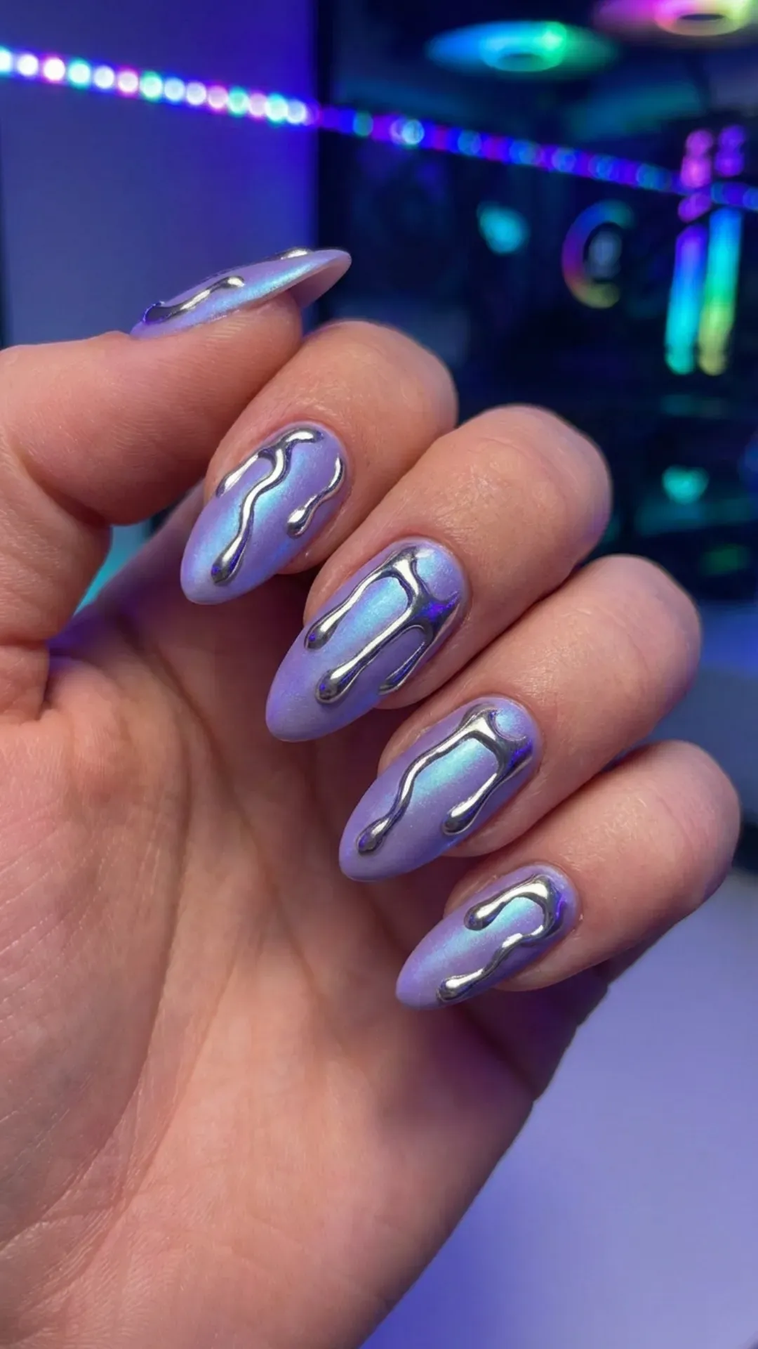 Digital lavender base nails with 3D silver chrome molten details VANSWEG.COM
