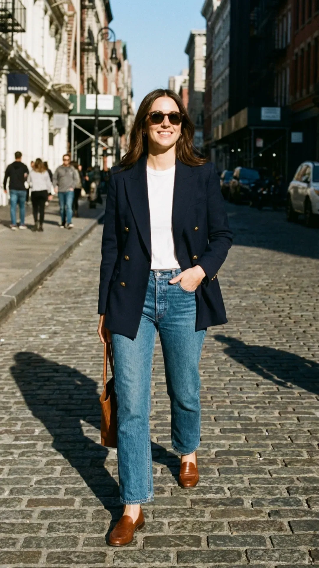 Navy double-breasted blazer and straight denim for a chic outfit.