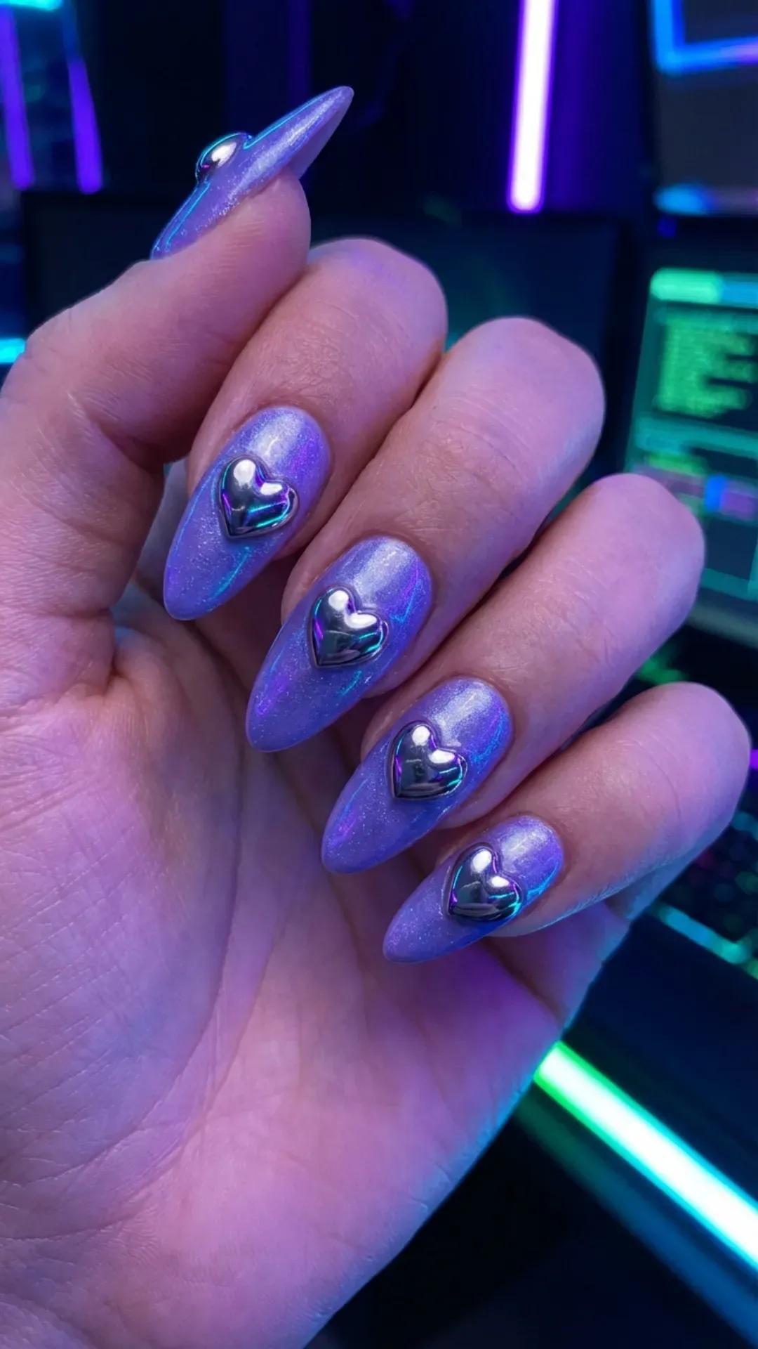 Digital lavender nails with 3D silver chrome hearts VANSWEG.COM