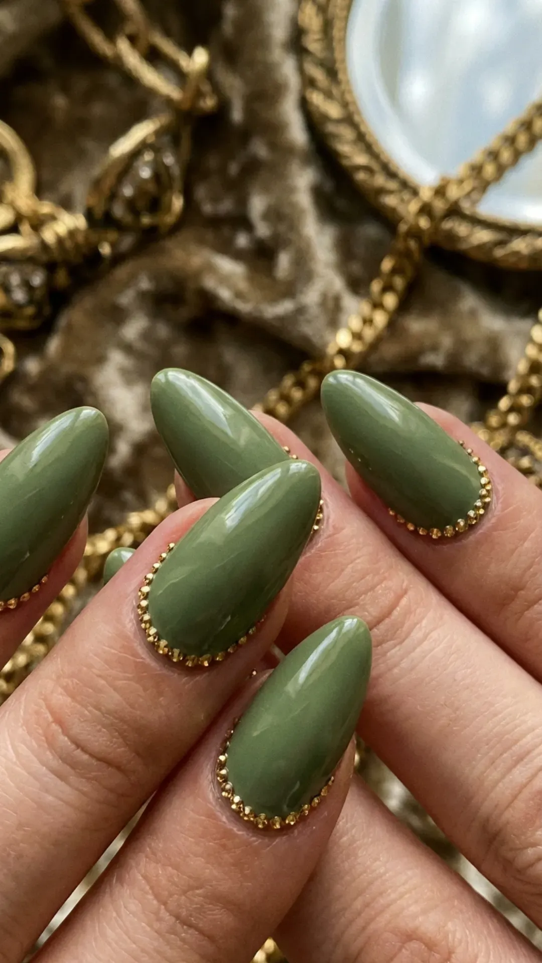 Olive green almond nails decorated with gold cuticle rhinestones VANSWEG.COM