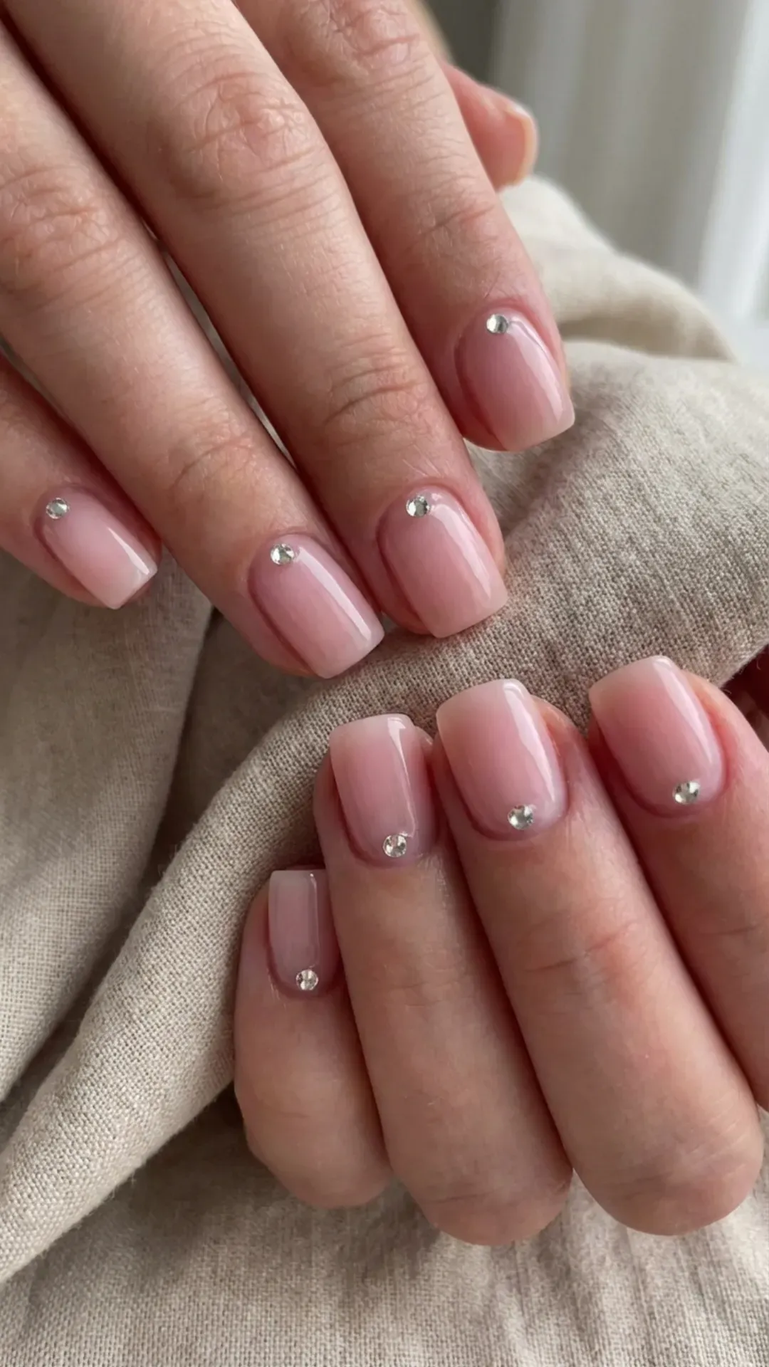 sheer pink square nails with one Swarovski crystal at the cuticle by VANSWEG.COM