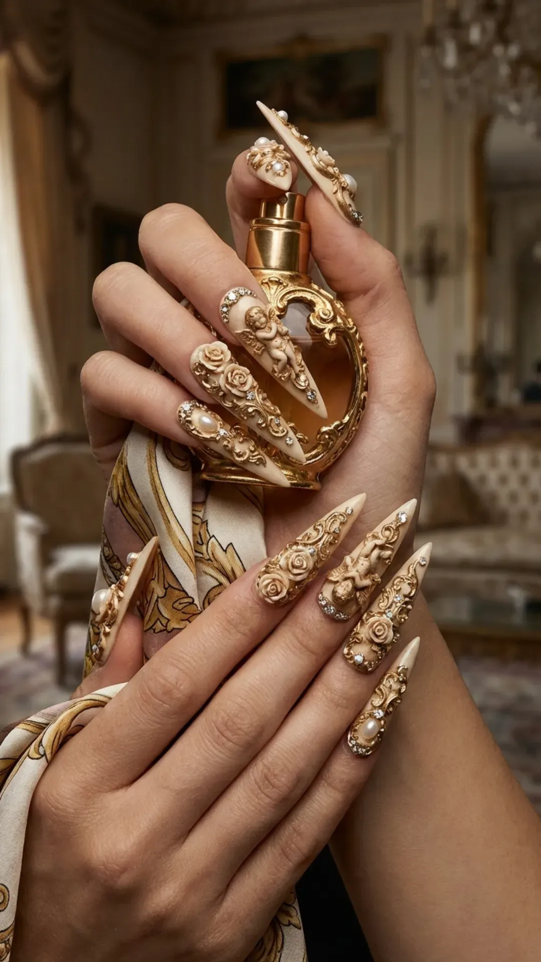 Stiletto nails featuring dramatic 3D sculpted nail art