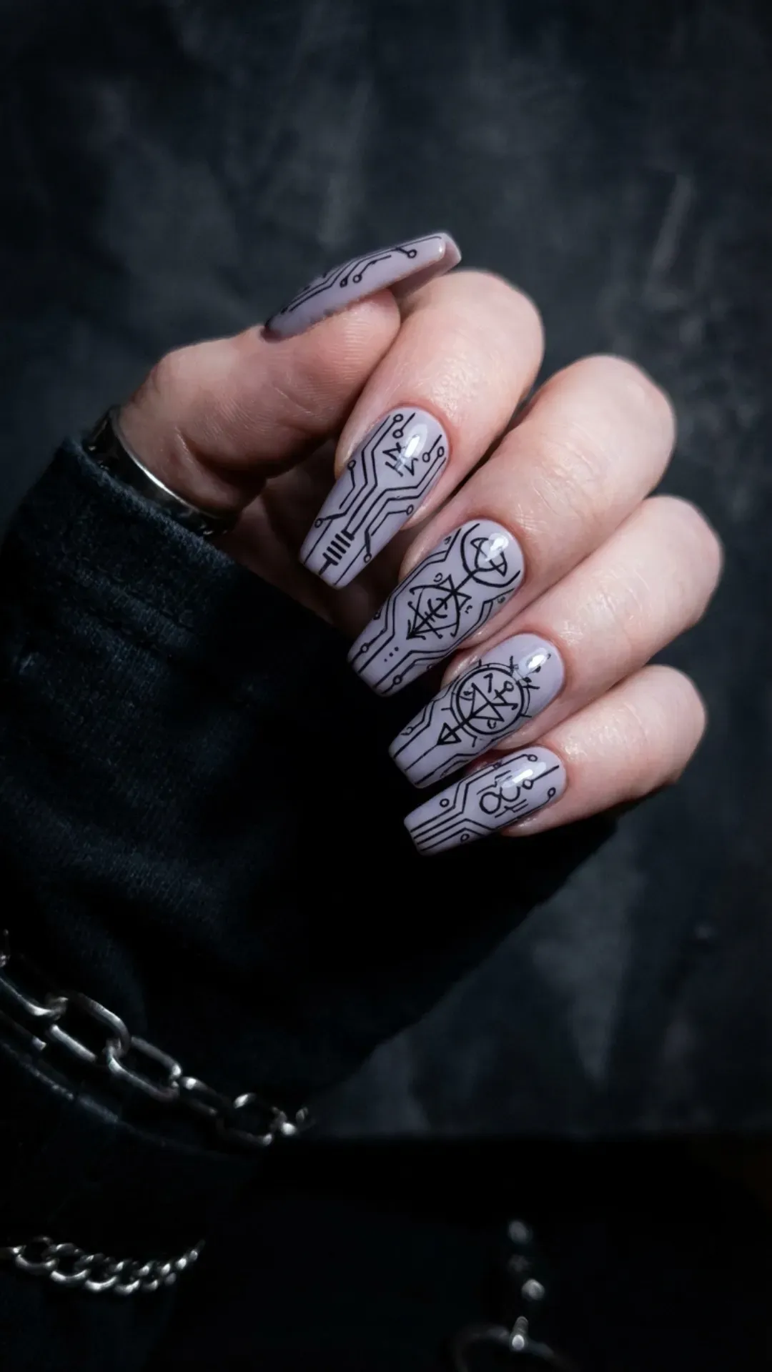 Pale digital lavender base with sharp black cyber sigilism nail art VANSWEG.COM