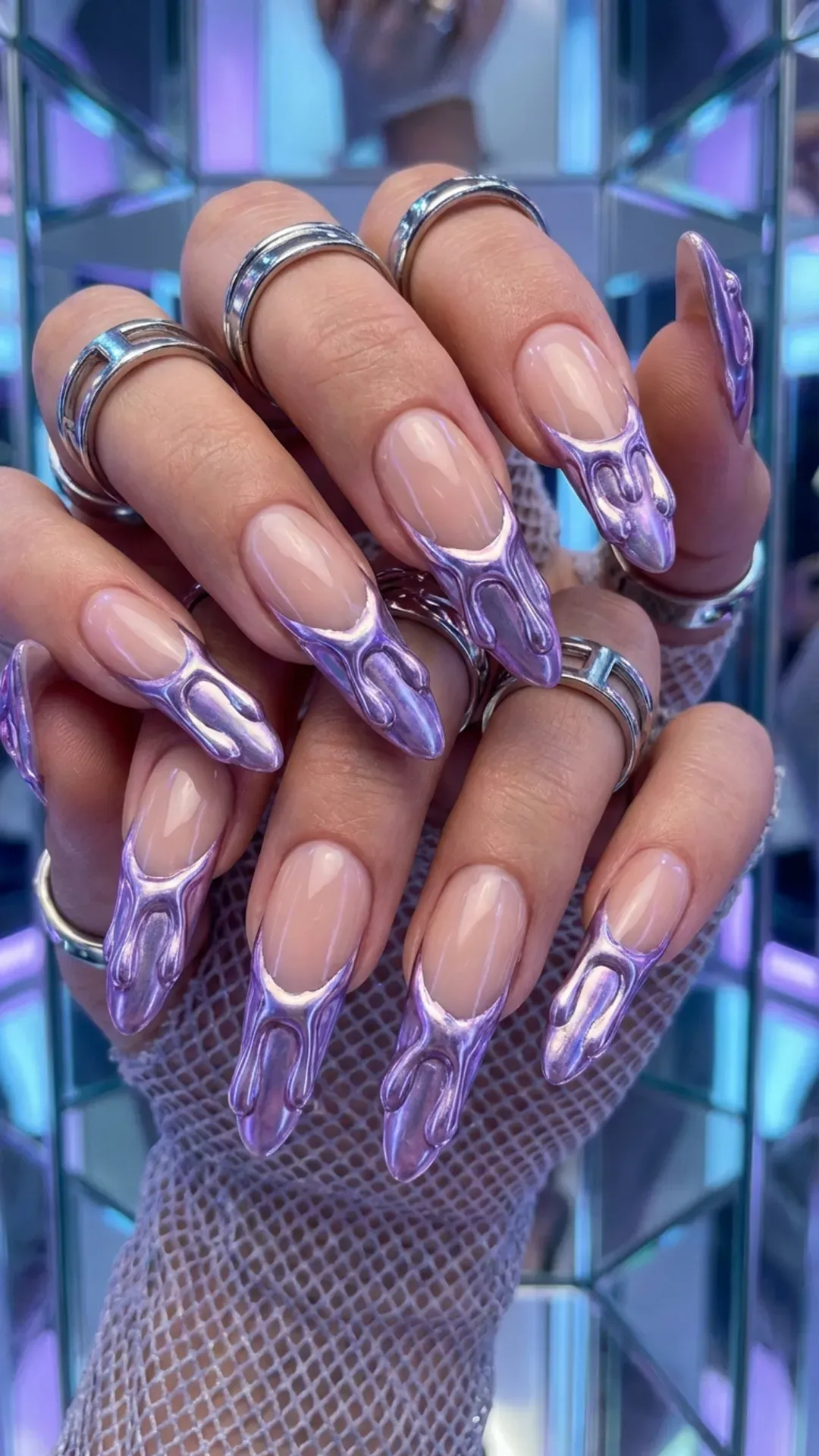 Sheer nails with thick 3D metallic digital lavender molten tips VANSWEG.COM