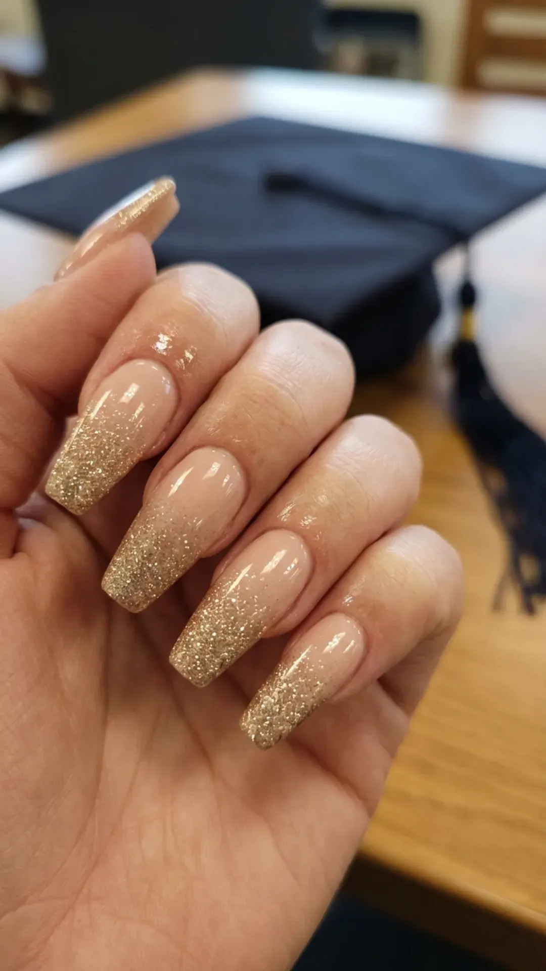 nude to champagne glitter fade coffin nails by VANSWEG.COM