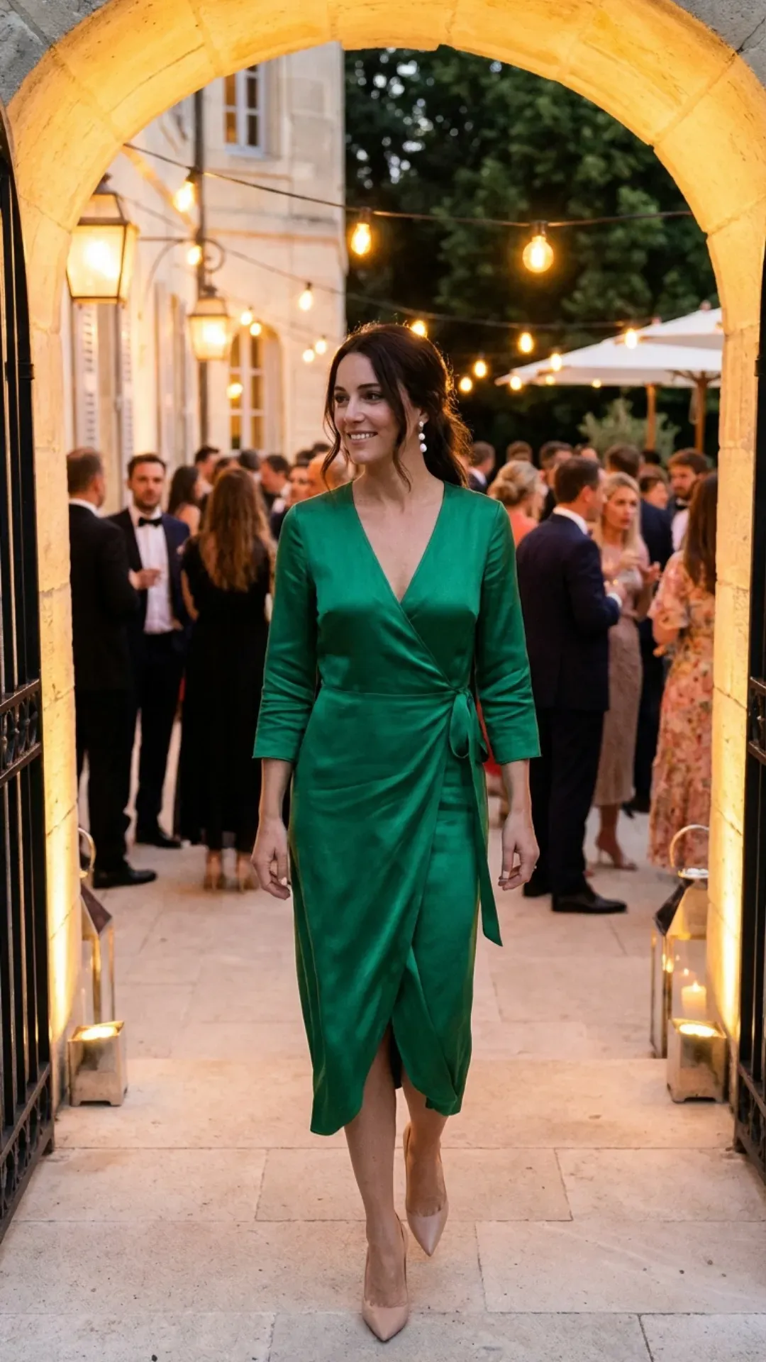 Emerald green silk wrap dress for an elegant evening outfit
