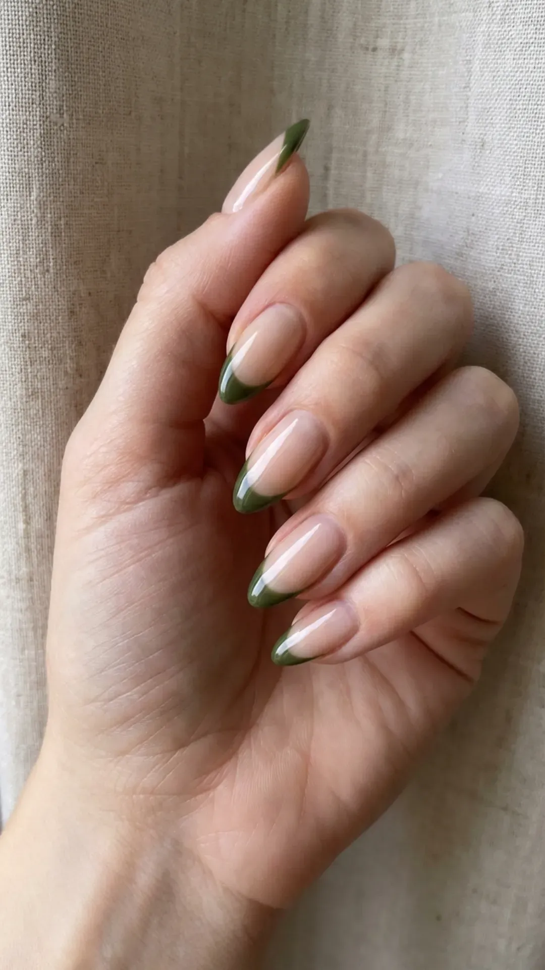 Modern olive green French tip nails design VANSWEG.COM
