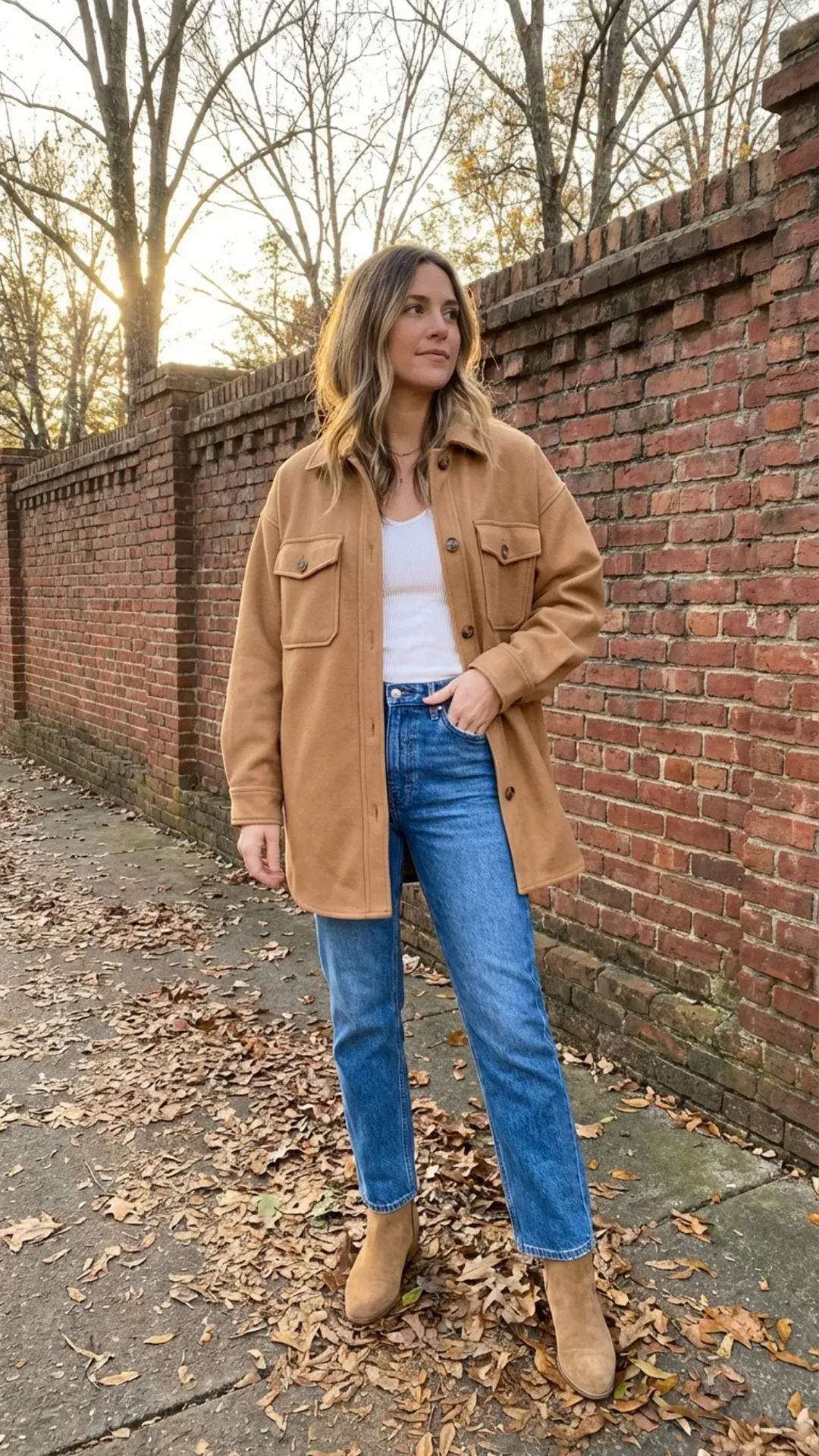 Camel shacket and straight leg jeans for a trendy casual outfit.