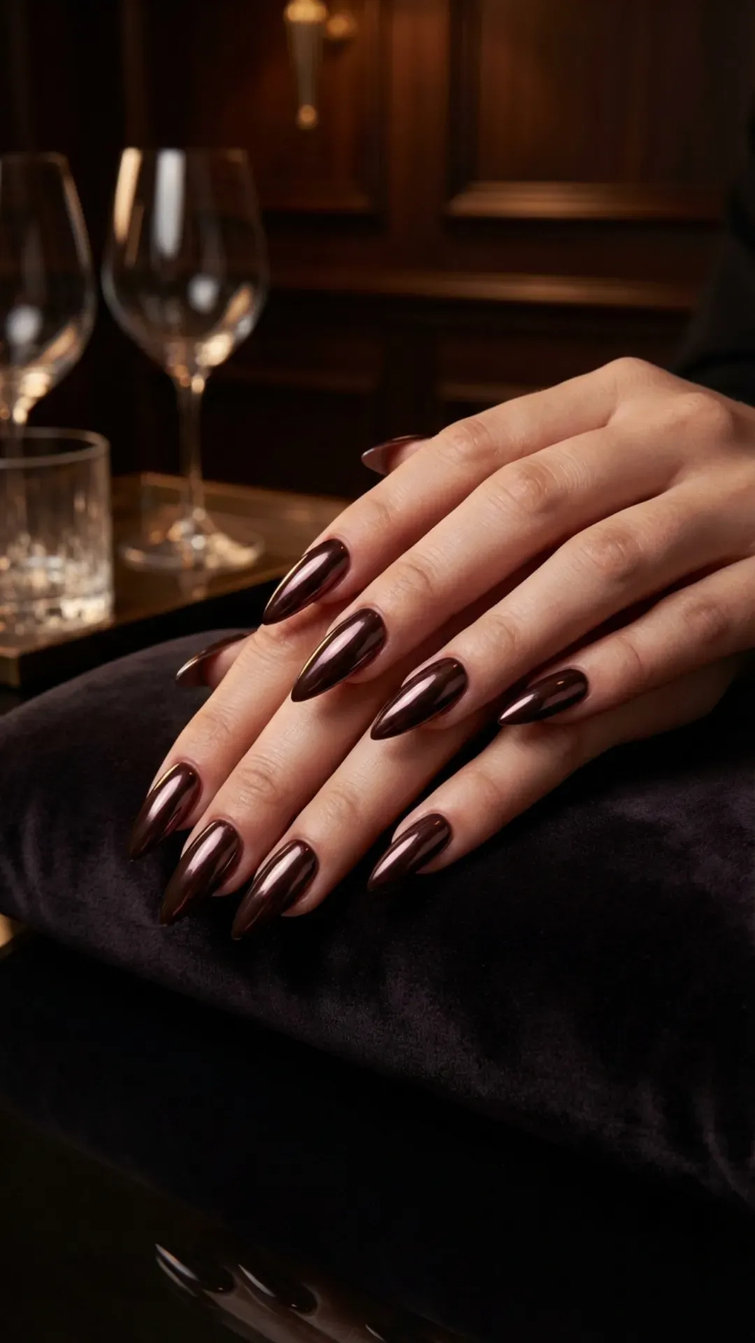 Vampy Cherry Mocha Chrome - Dark cherry mocha glazed chrome nails by VANSWEG.COM