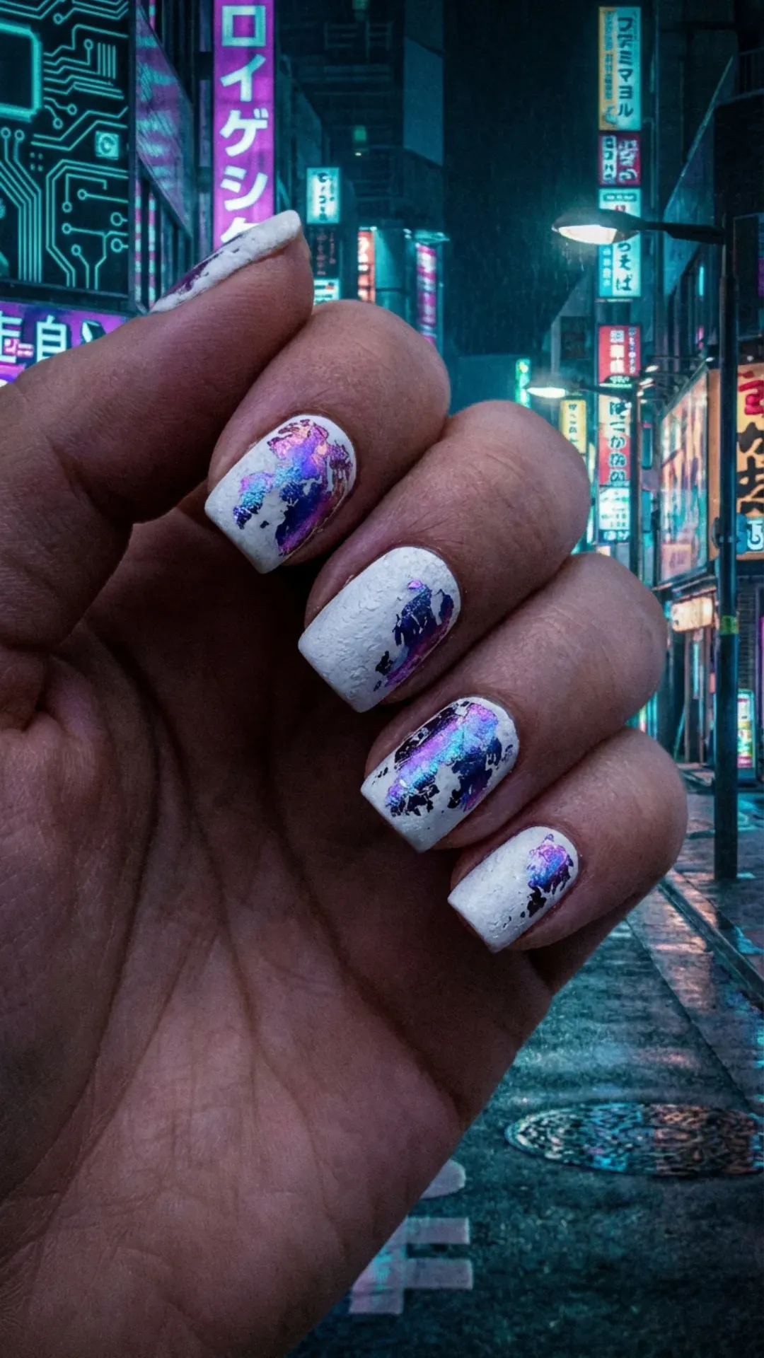 Matte white nails with distressed digital lavender foil transfers VANSWEG.COM