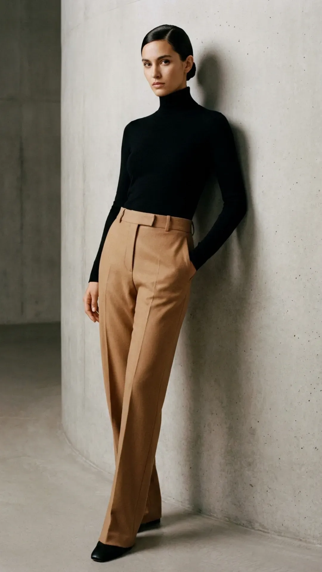 Camel trousers and a fitted black turtleneck for a minimalist classy look