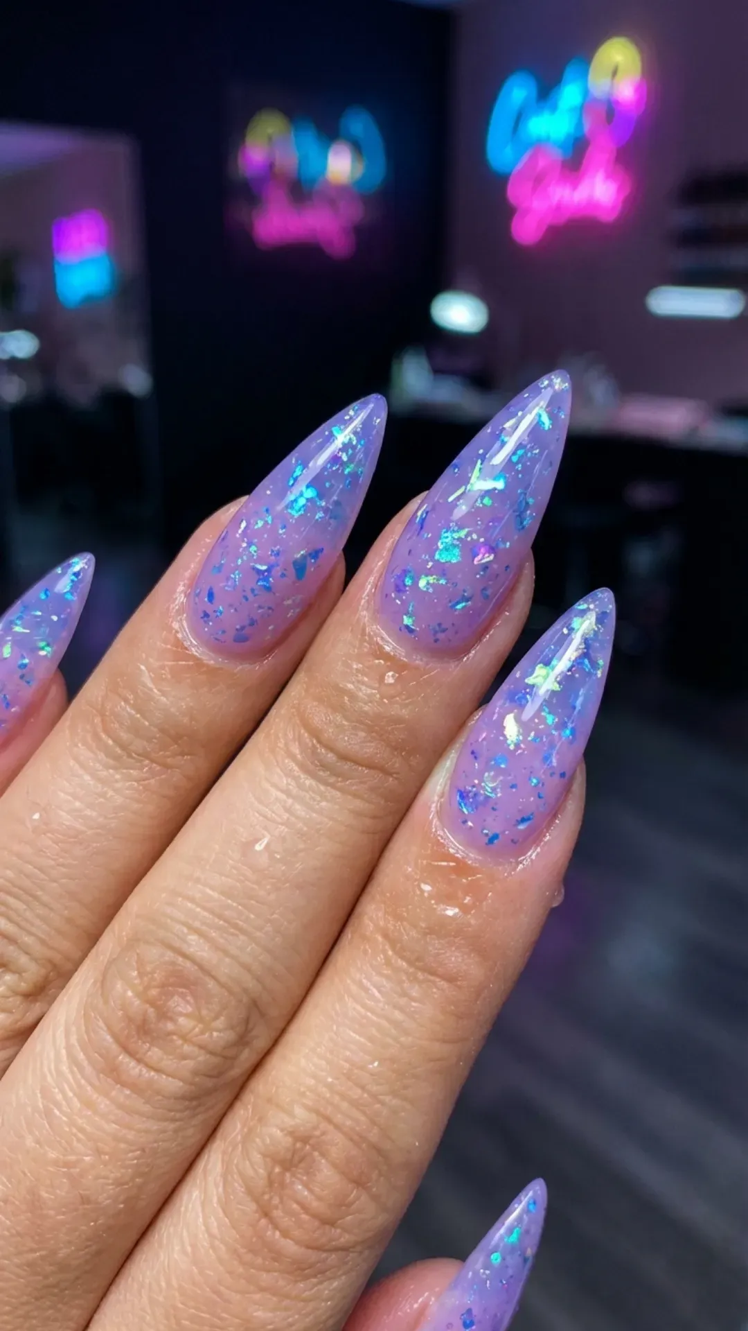 Translucent digital lavender glass nails with holographic shards VANSWEG.COM