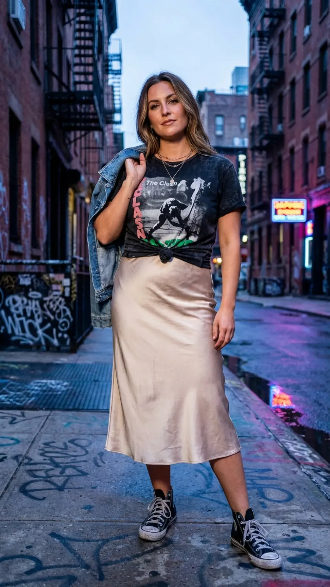 Graphic tee and satin slip skirt for an edgy casual outfit