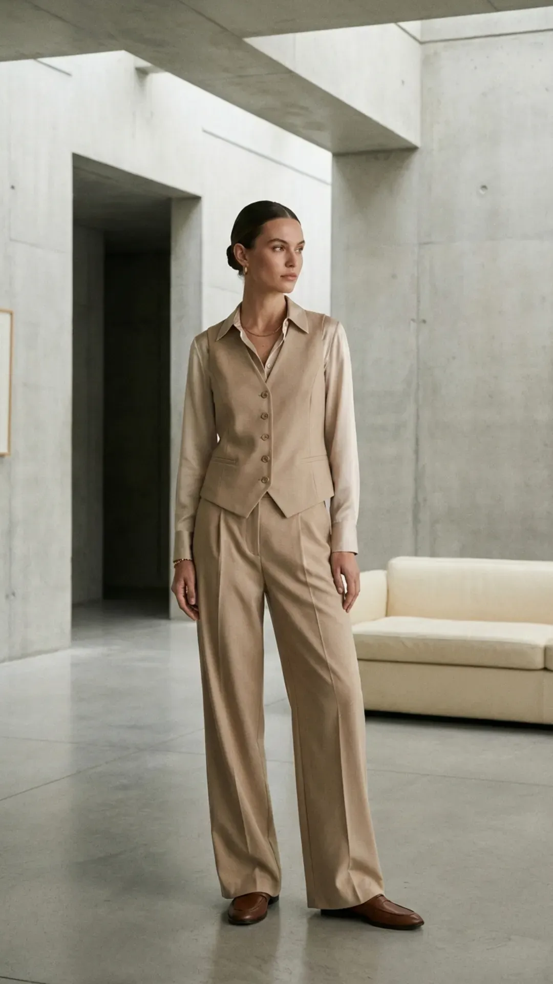 Matching beige tailored vest and trousers for a classy outfit idea