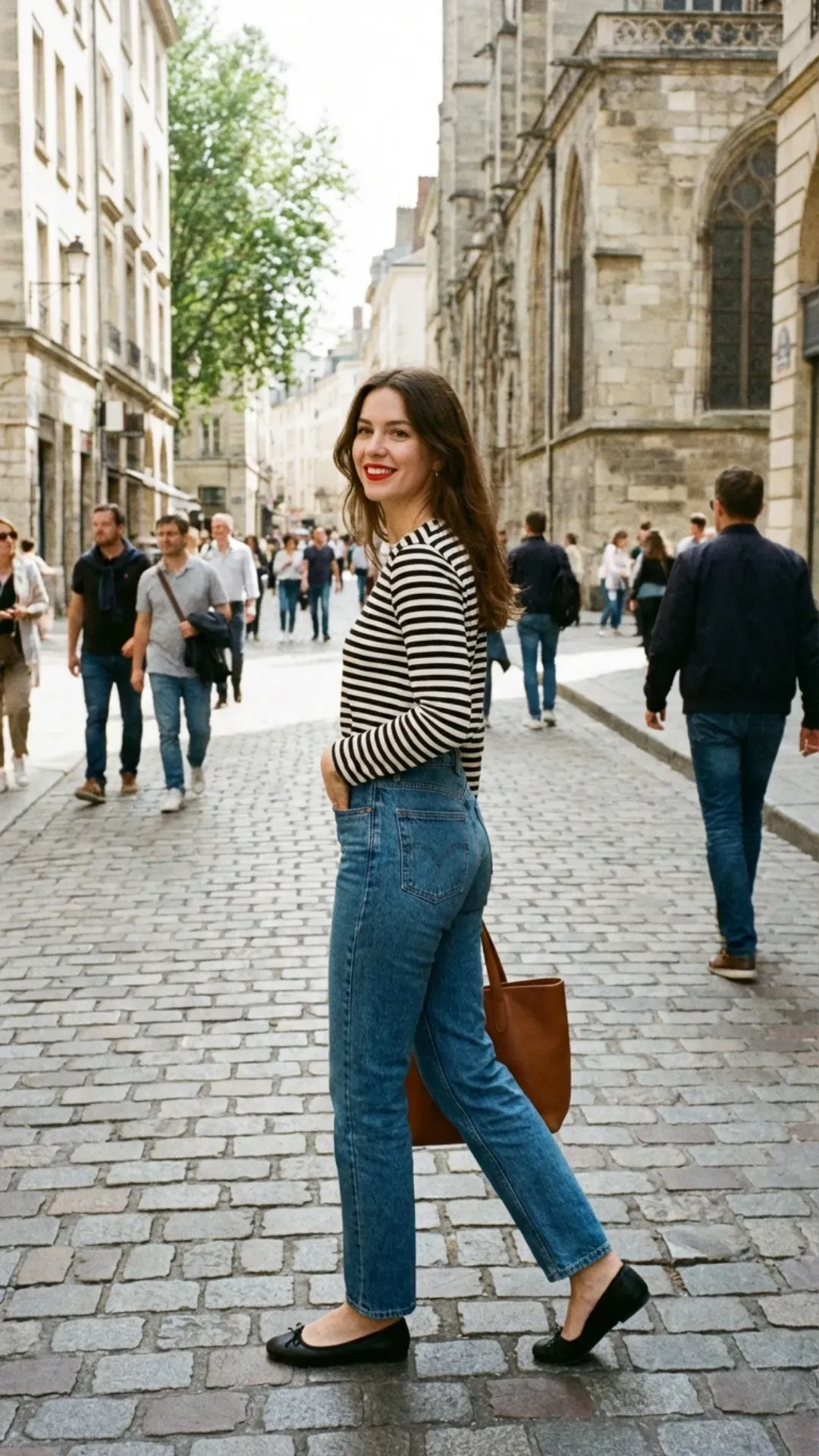 Breton stripe top and straight leg jeans for a classic casual outfit