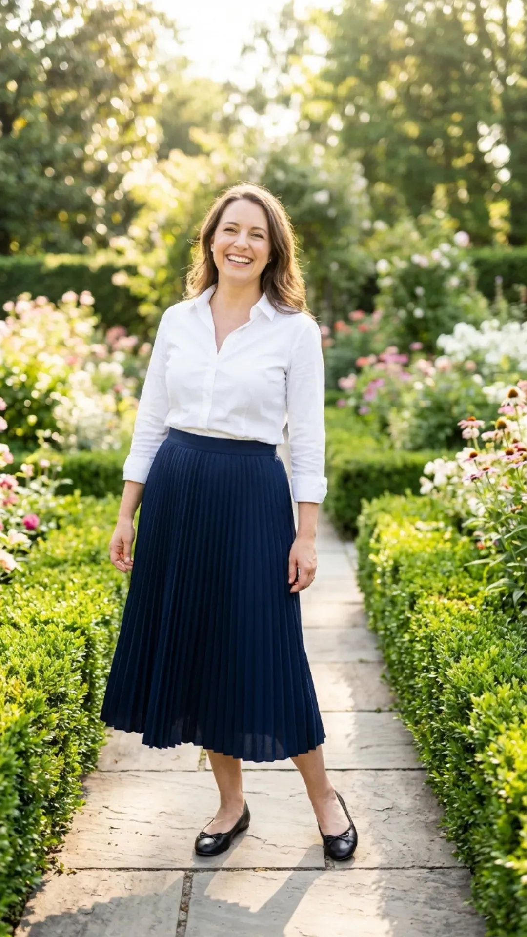 White button-down shirt and pleated midi skirt for an elegant outfit