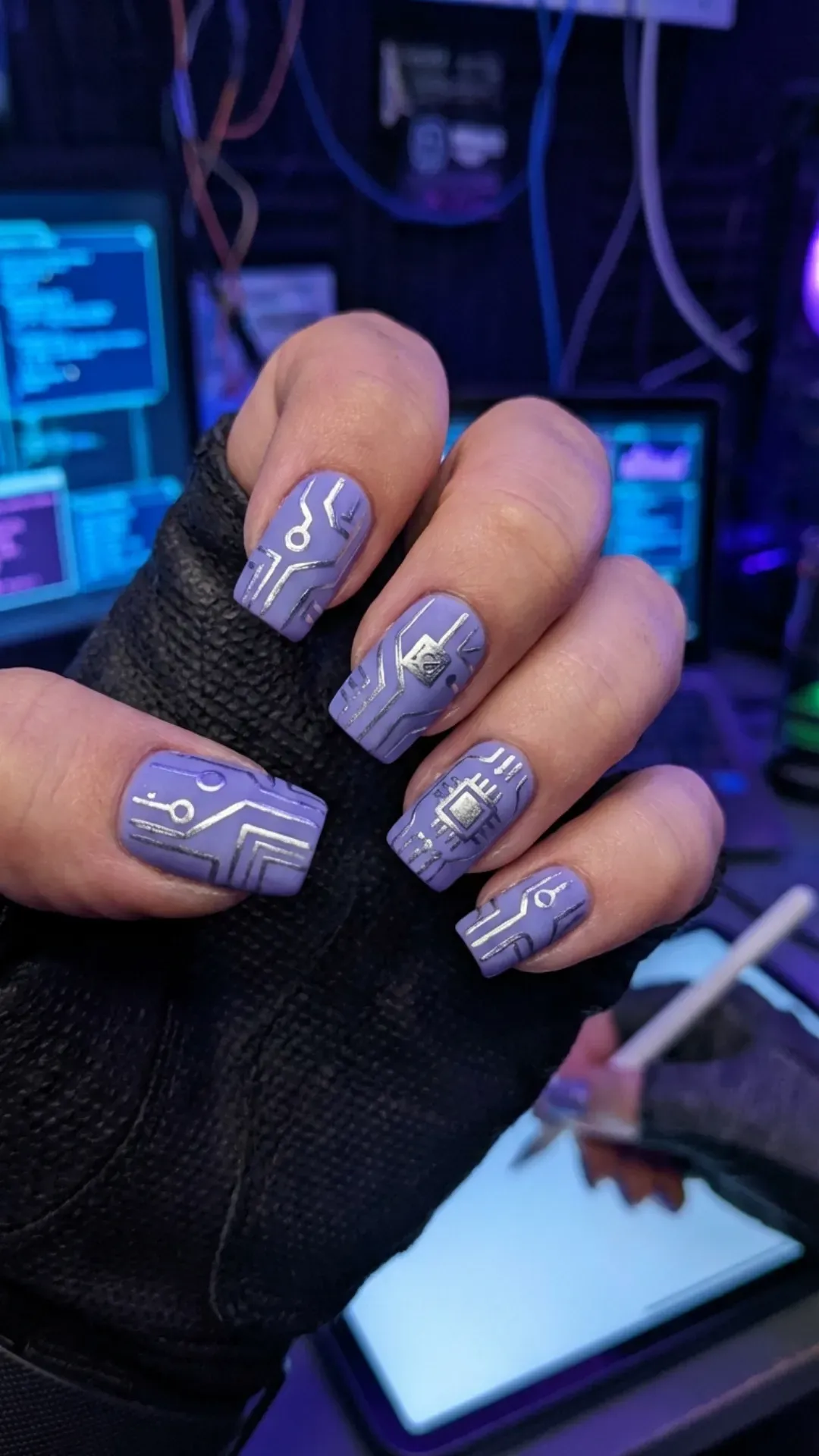 Digital lavender nails with silver cyberpunk circuit board art VANSWEG.COM