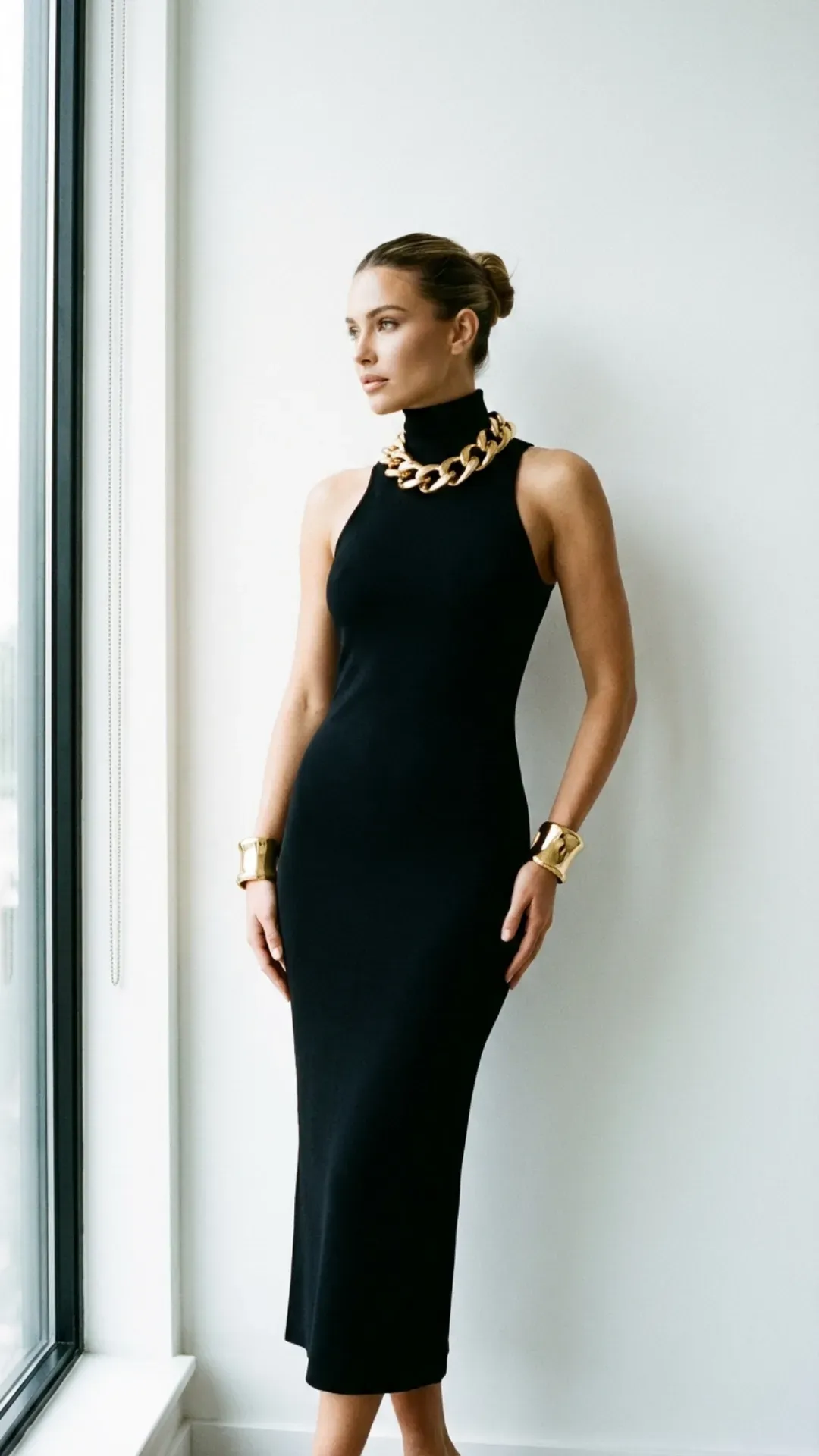 Black column midi dress styled with bold gold jewelry