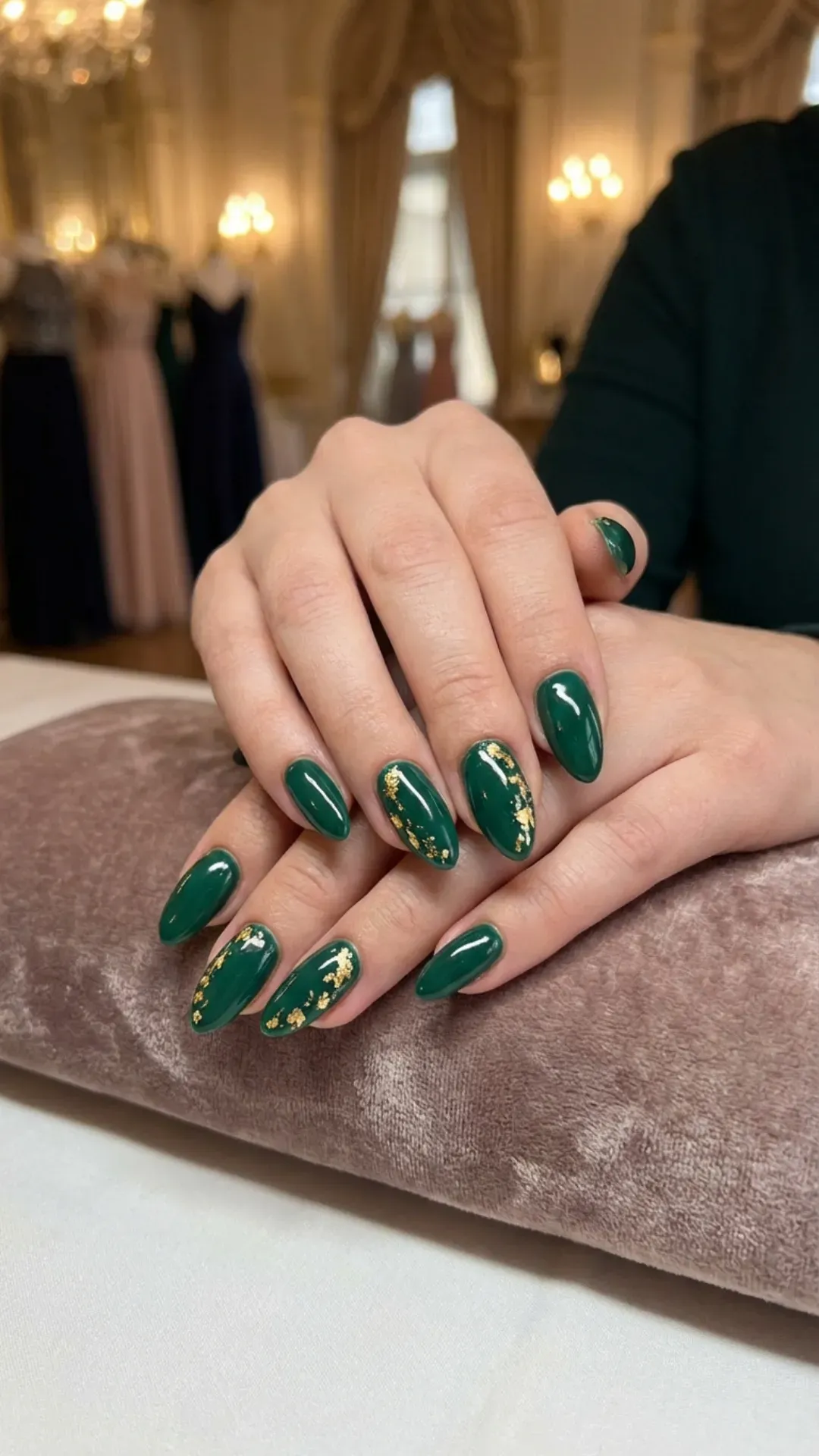 Emerald green nails with scattered gold foil accents