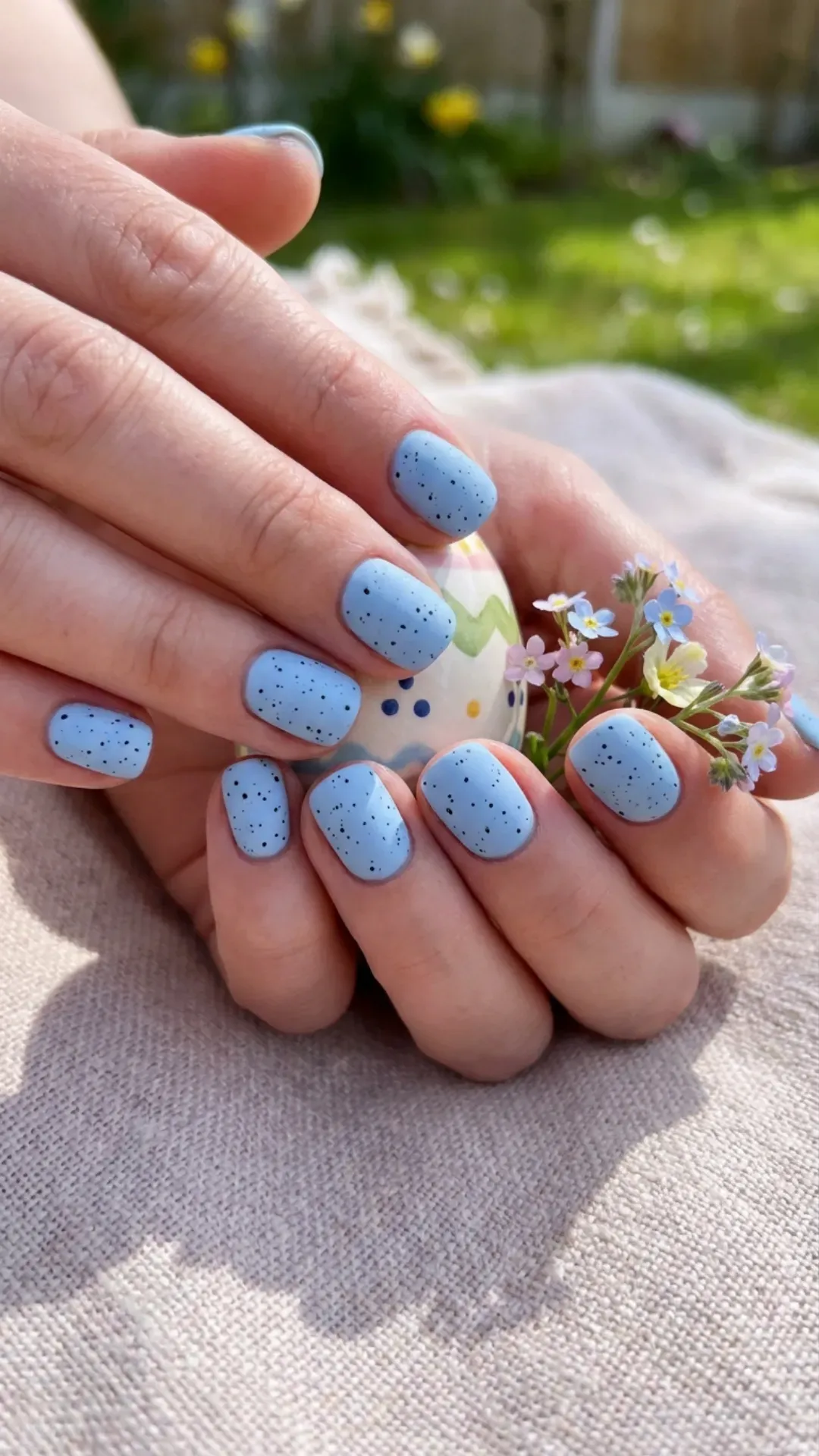 Pastel blue nails with black Easter egg speckles VANSWEG.COM