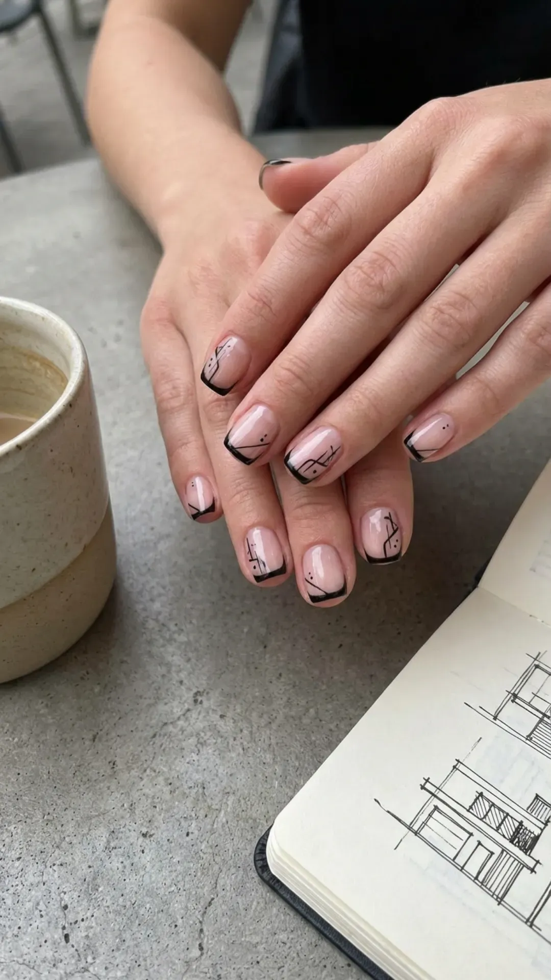 Creative short nails featuring negative space French tips with black outlines, combining modern artistry with classic nail aesthetics.