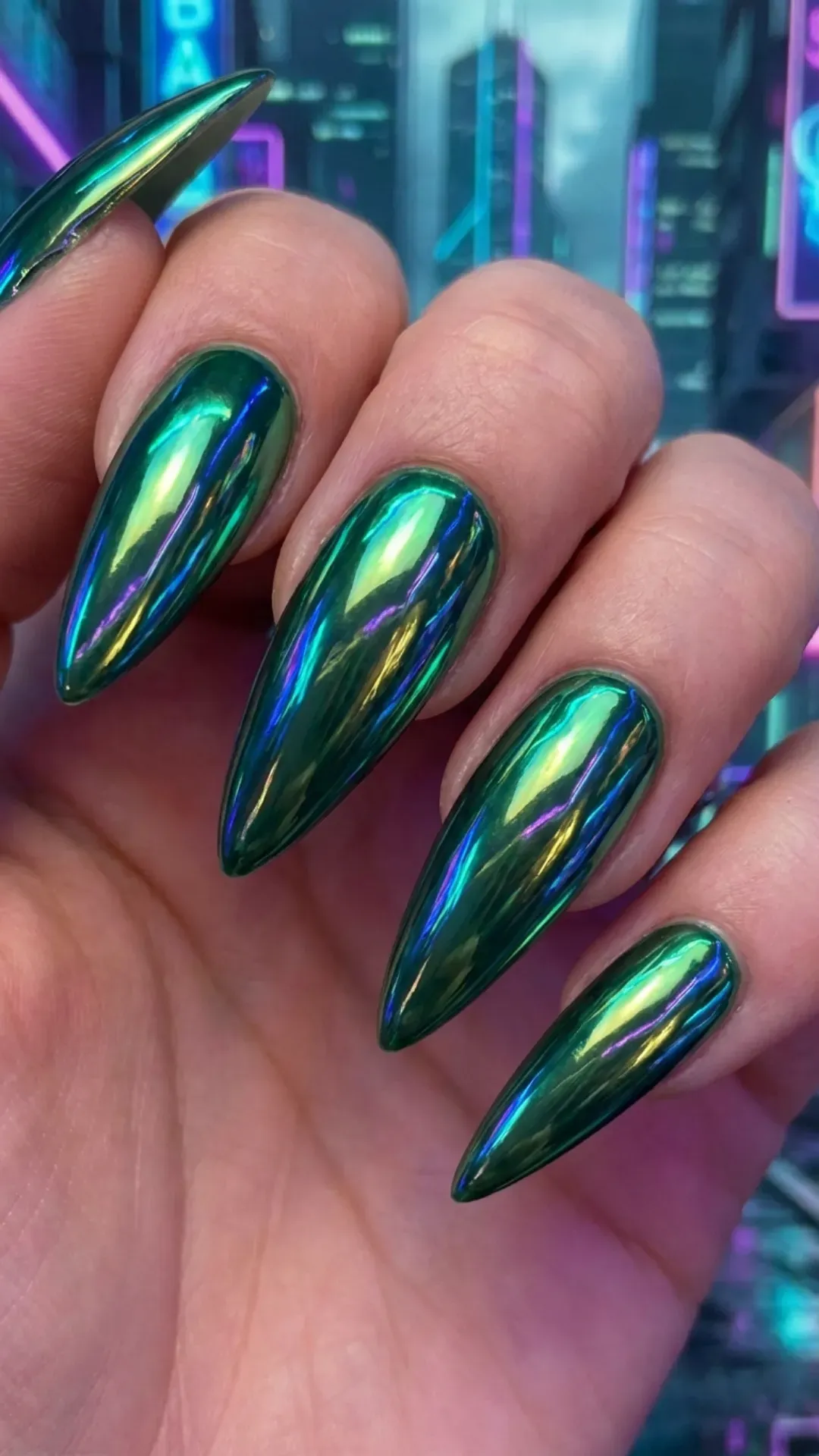 Chrome emerald green nails with mirror‑like metallic finish