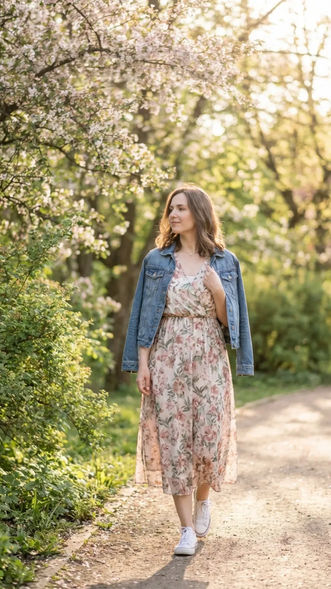 Floral midi dress styled with white sneakers for a cute everyday outfit.