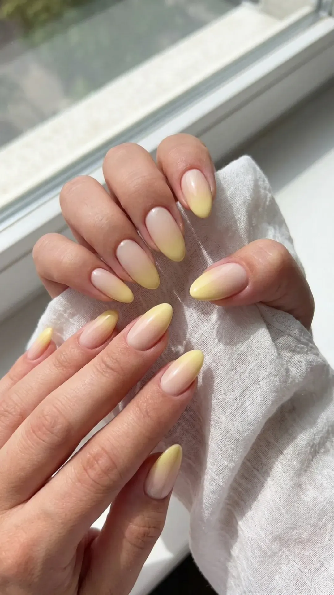 Soft butter yellow to nude ombre fade manicure VANSWEG.COM