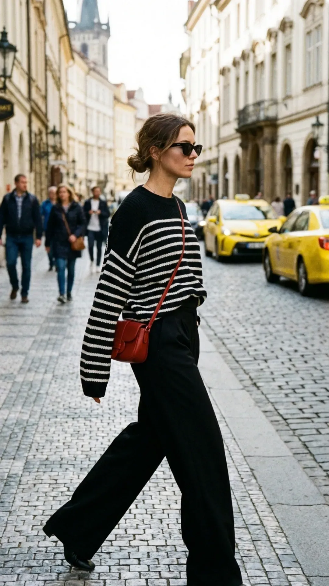 Striped sweater and wide-leg trousers for a chic casual outfit.
