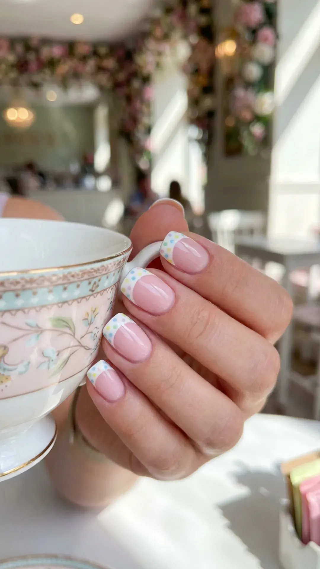 Charming short nails with playful polka dots on French tips, adding a whimsical vibe to the timeless pink nail base.