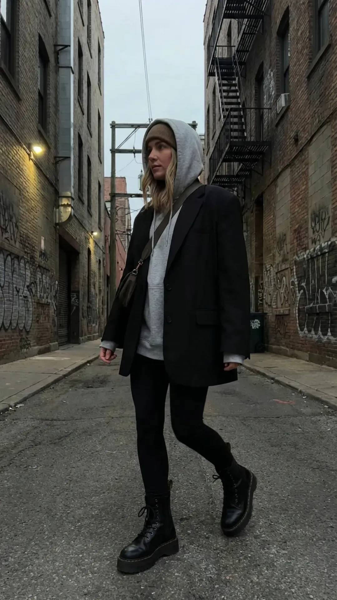 Grey hoodie layered under a black blazer for a trendy street style outfit.