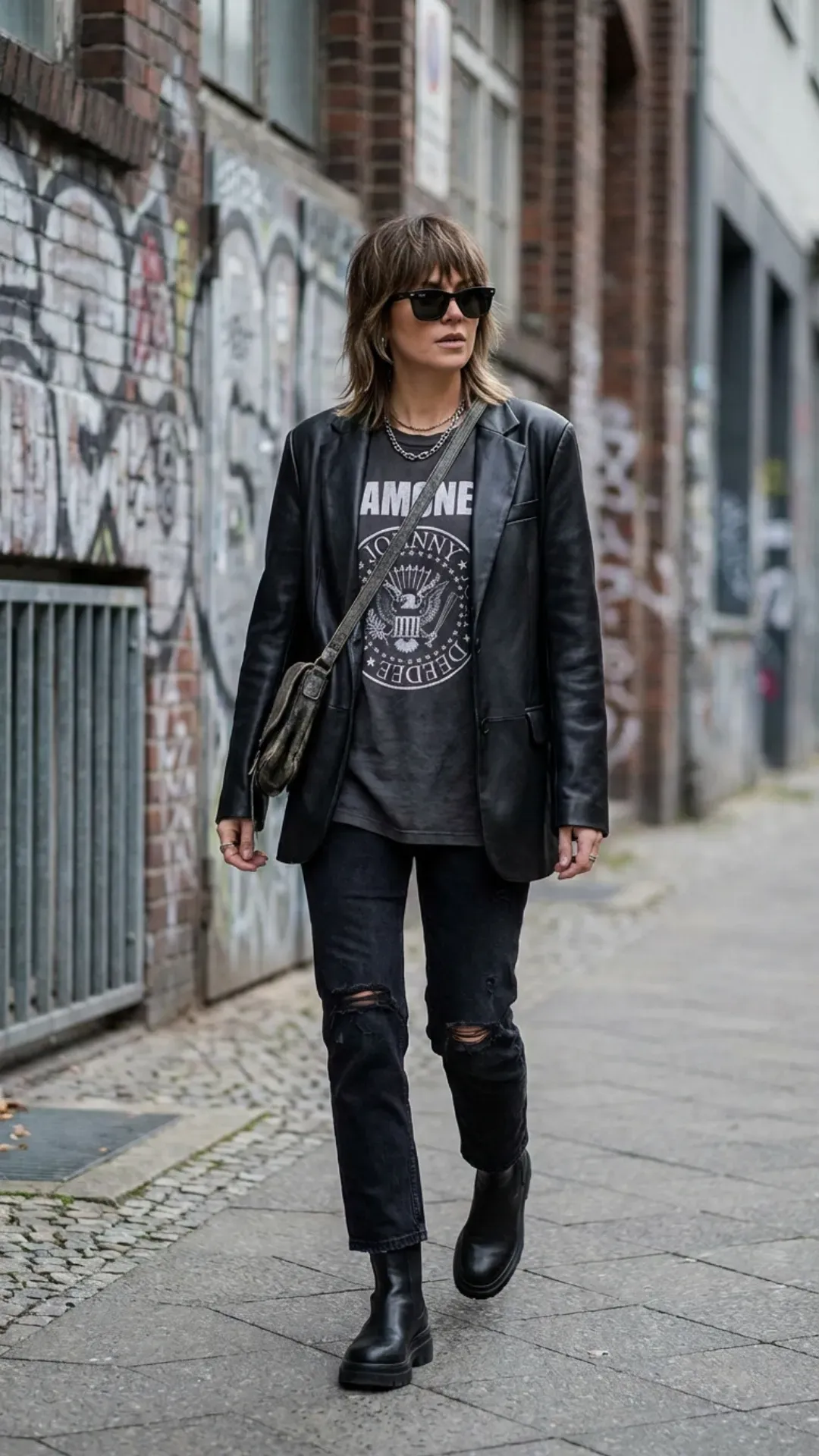 Black leather blazer and graphic tee for a trendy street style outfit.