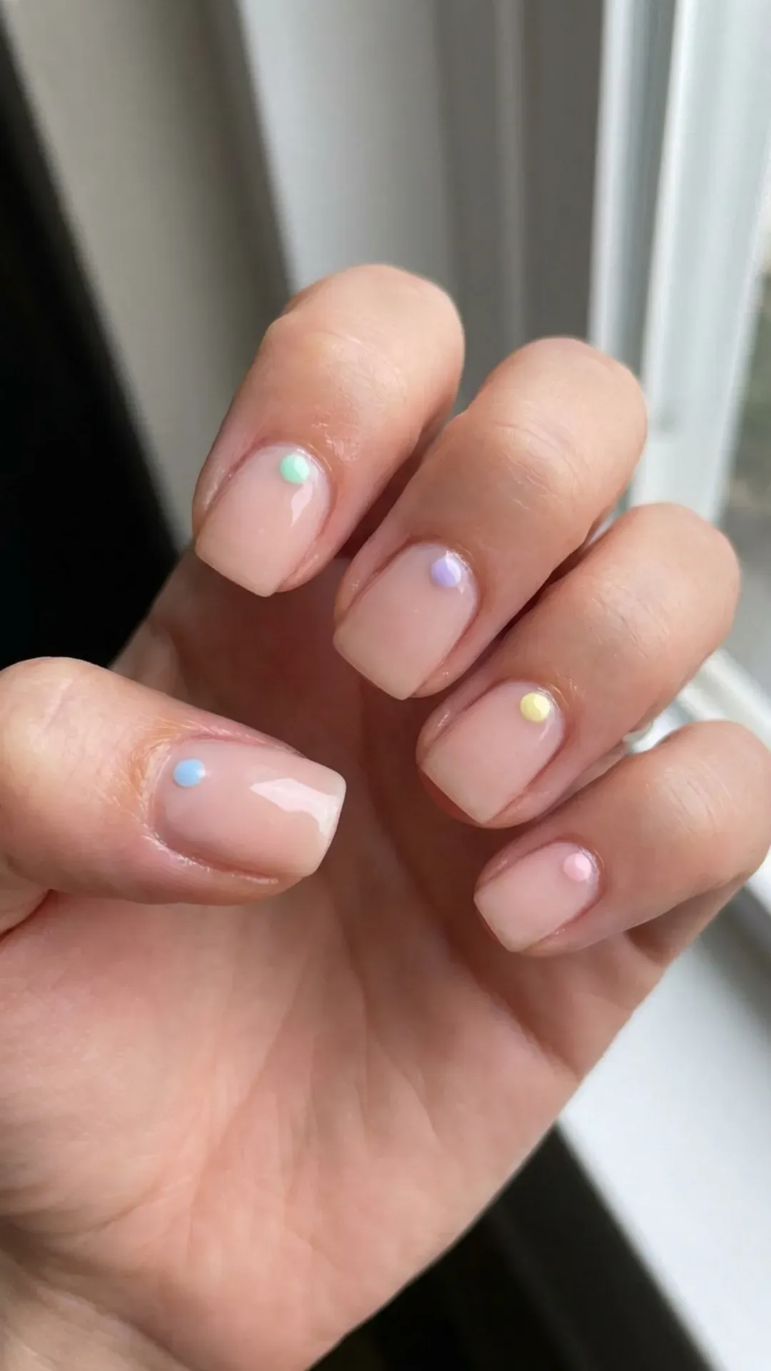 Short sheer nails with minimalist pastel dots VANSWEG.COM