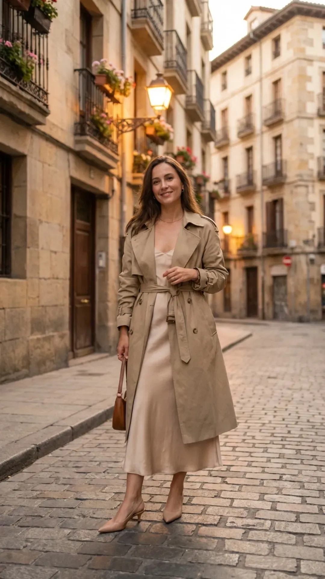 Classic trench coat over a silk slip dress for an elegant look.