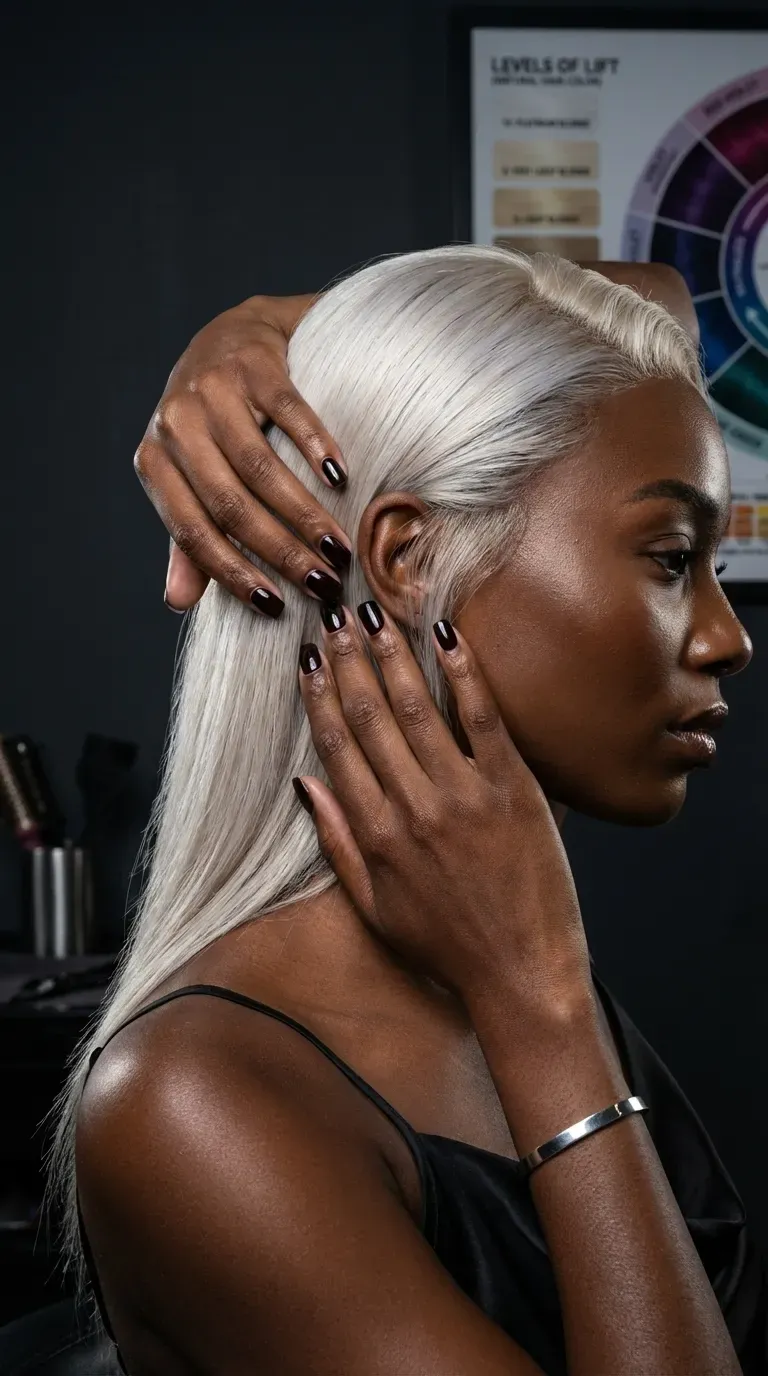 Close-up of a woman with dark skin touching her icy blonde hair, showing off glossy black cherry square nails and a silver cuff.