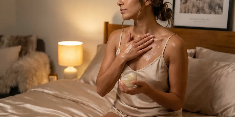 Woman with olive skin applying peptide night cream in bed, wearing champagne silk sleepwear with glossy bare nails