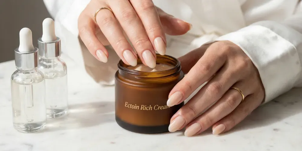Close-up of hands with milky oat polish opening a frosted amber jar of Ectoin face cream on a marble vanity.