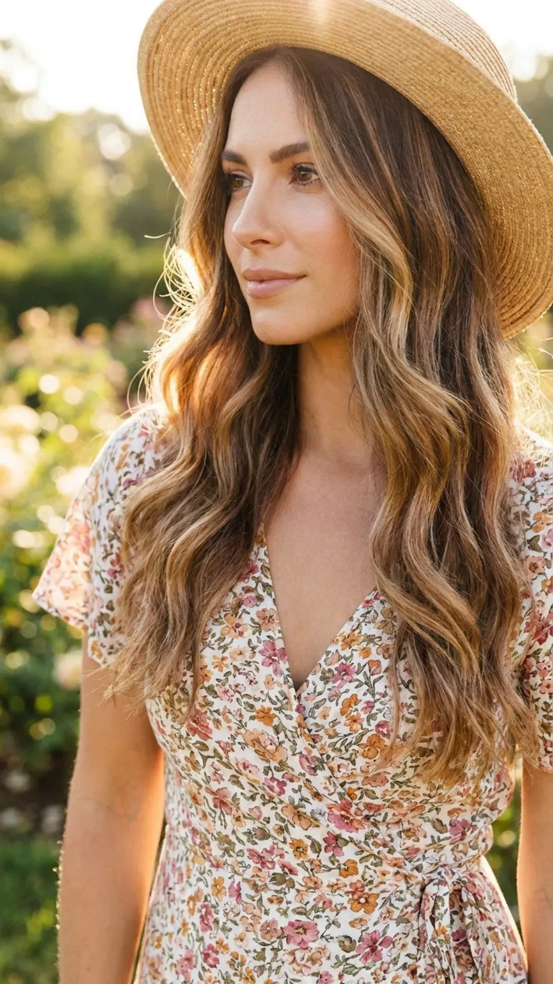 Woman with a soft balayage hairstyle featuring gentle waves that give a sun-kissed and dimensional appearance, perfect for a Cute Spring Hairstyles.