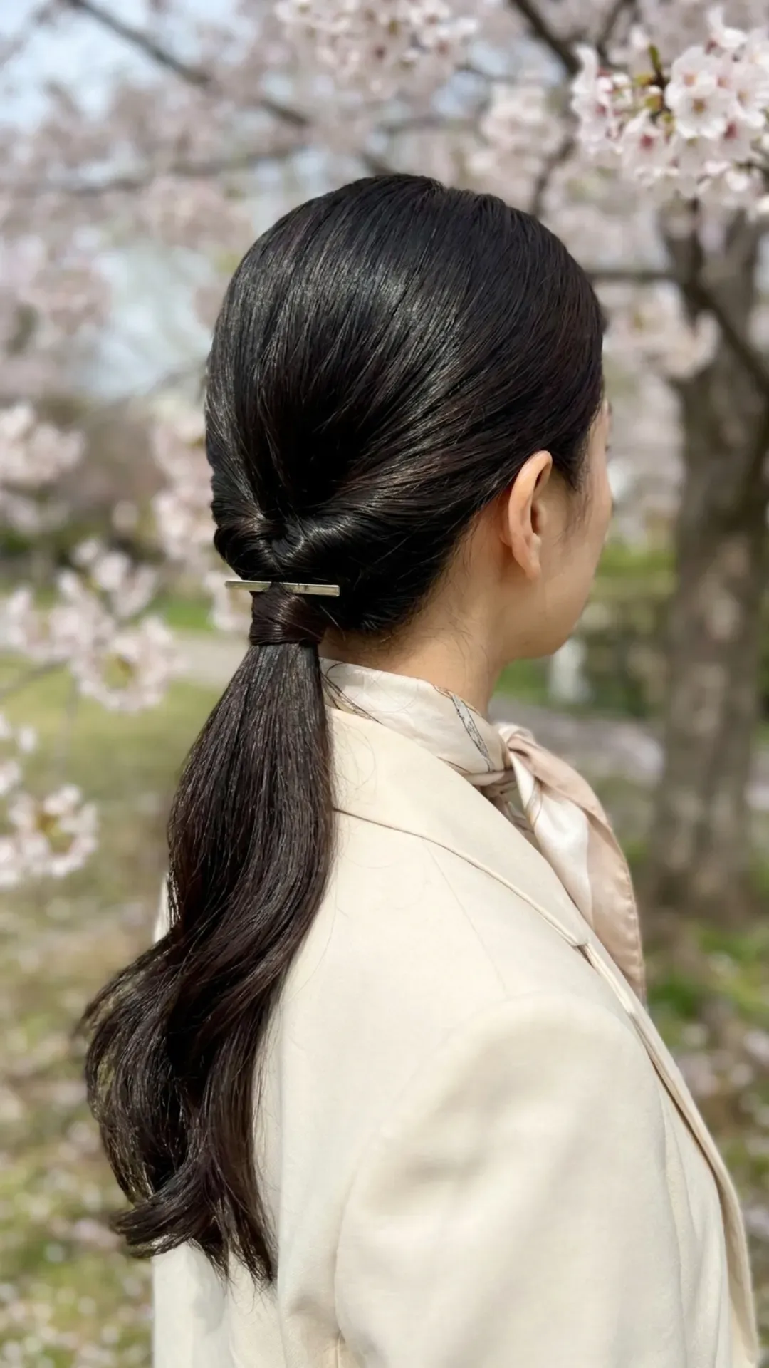 Sleek low ponytail with a sophisticated twist around the base, presenting a chic and refined hairstyle suitable for both casual and formal spring events.